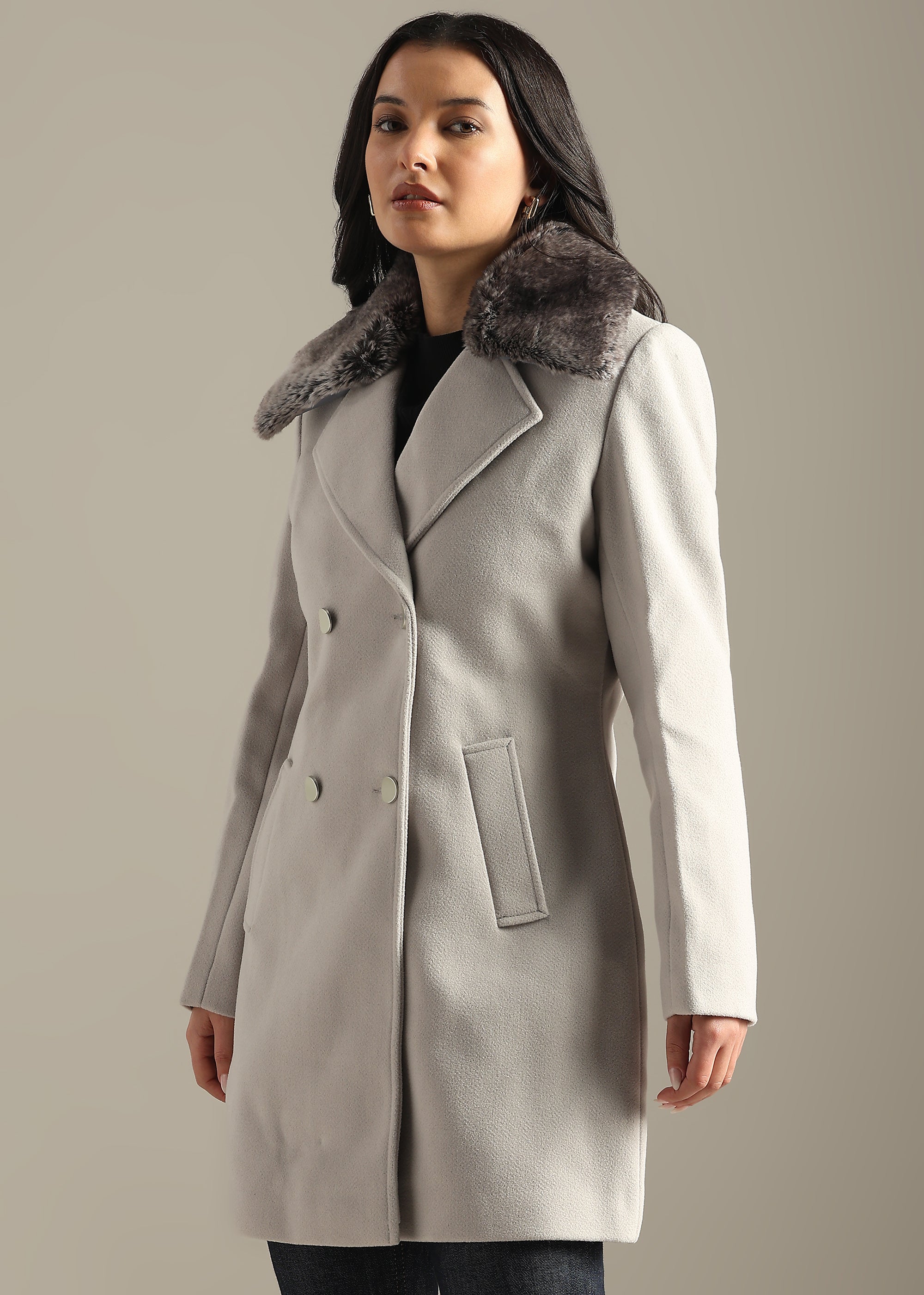 CEMENT SOLID TWEED DETACHABLE FUR COLLAR OVERCOAT