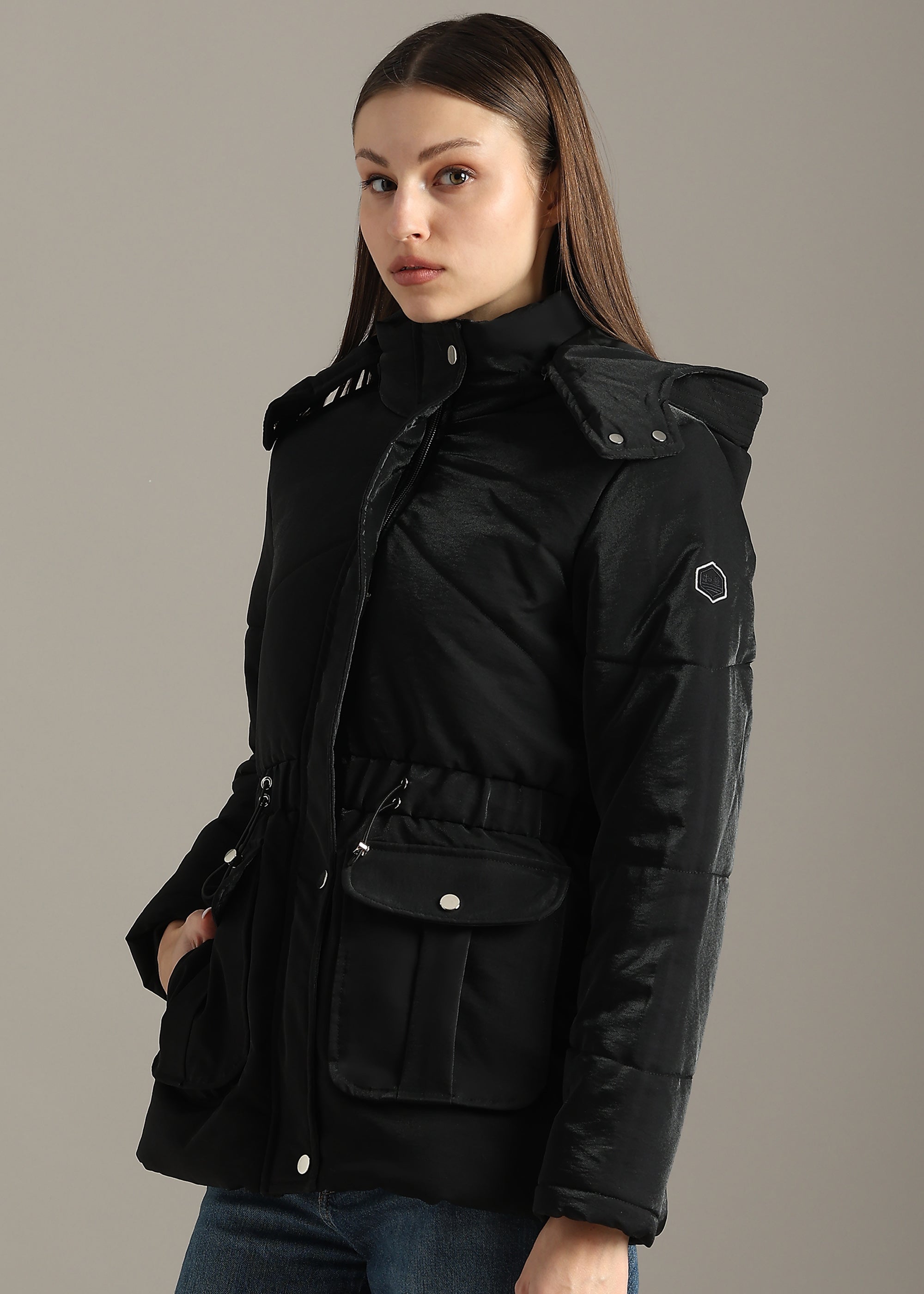 BLACK SOLID PREMIUM SATIN CROPPED FULL SLEEVE JACKET