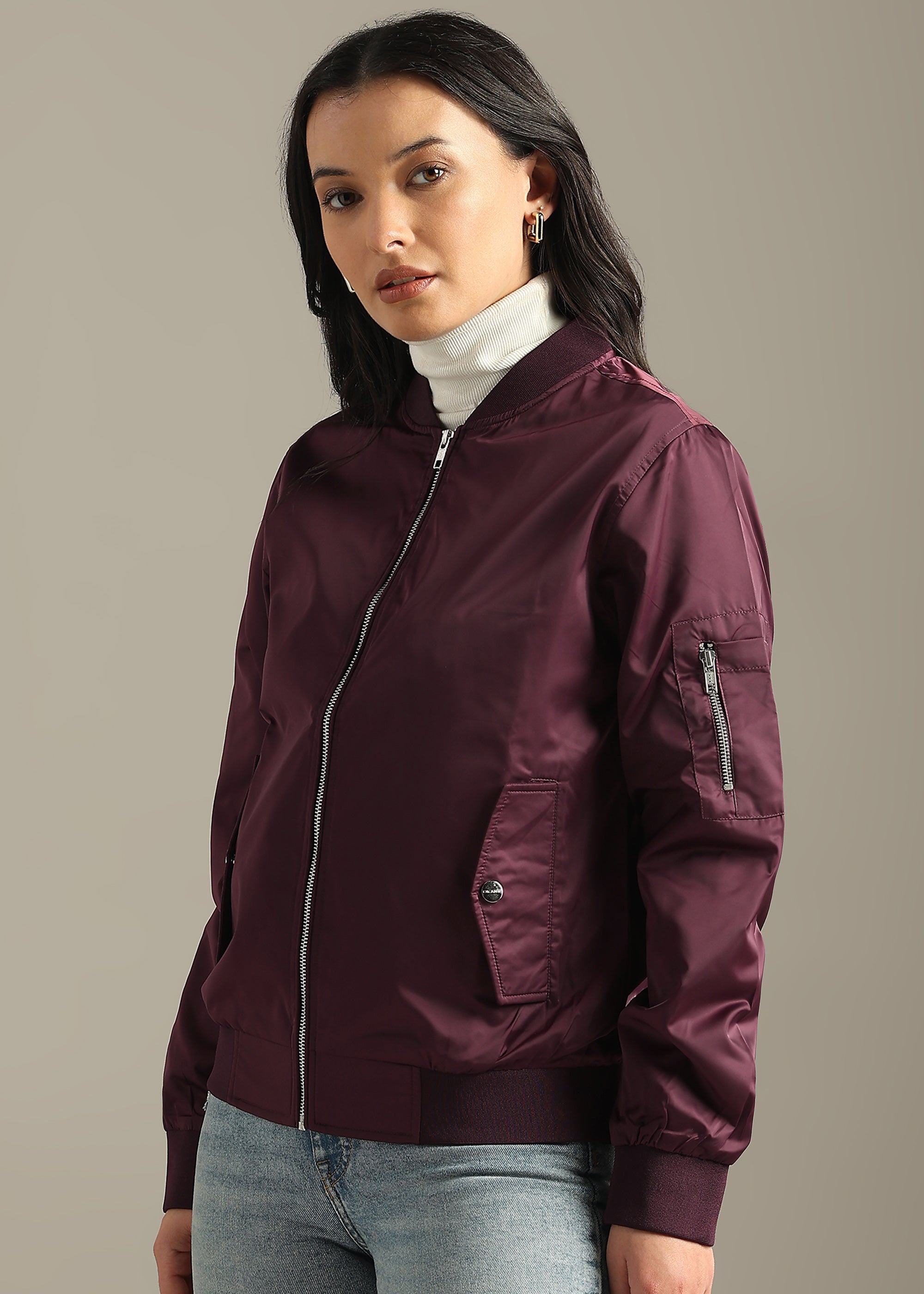 WINE SATIN BOMBER FULL SLEEVE JACKET