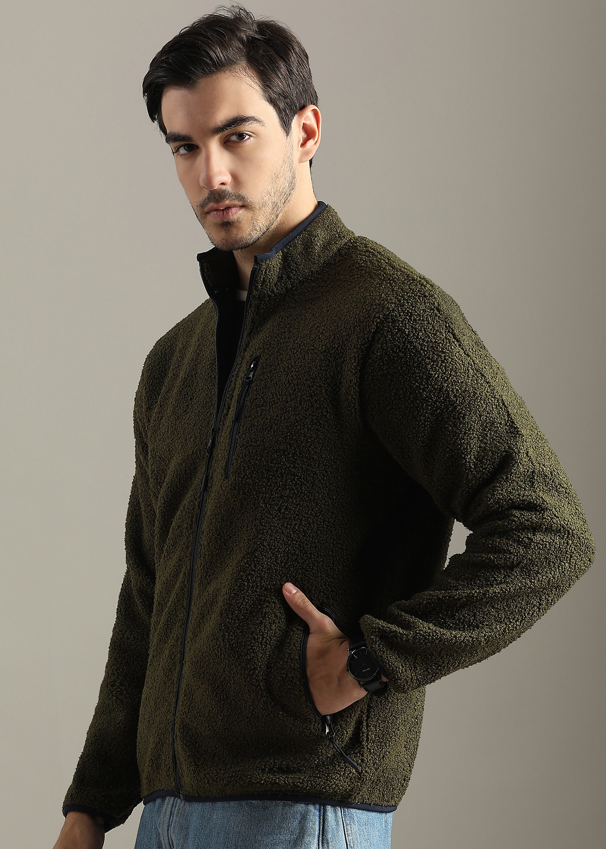 OLIVE SOLID FAUX FUR SHEARLING ZIPPER