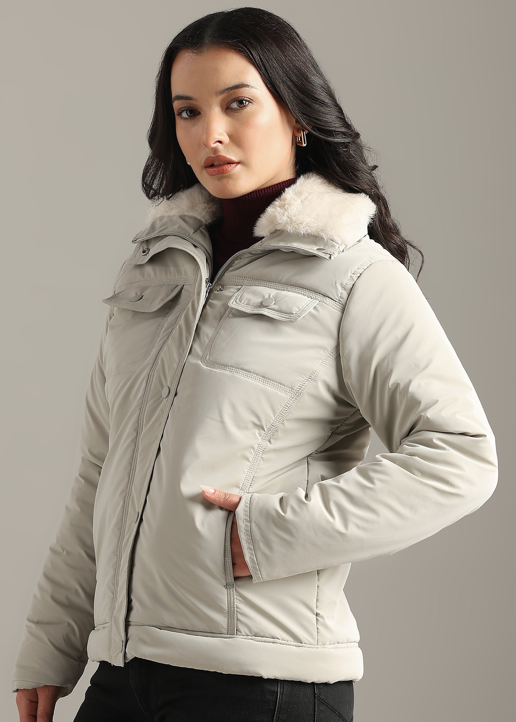 STONE SOFT SKIN FUR COLLAR FULL SLEEVE JACKET