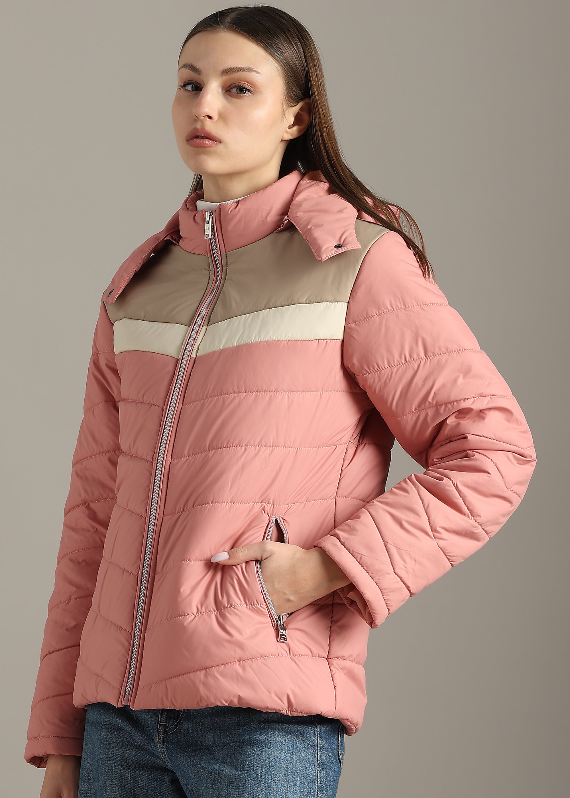 PINK COLOUR-BLOCK PUFFER FULL SLEEVE JACKET
