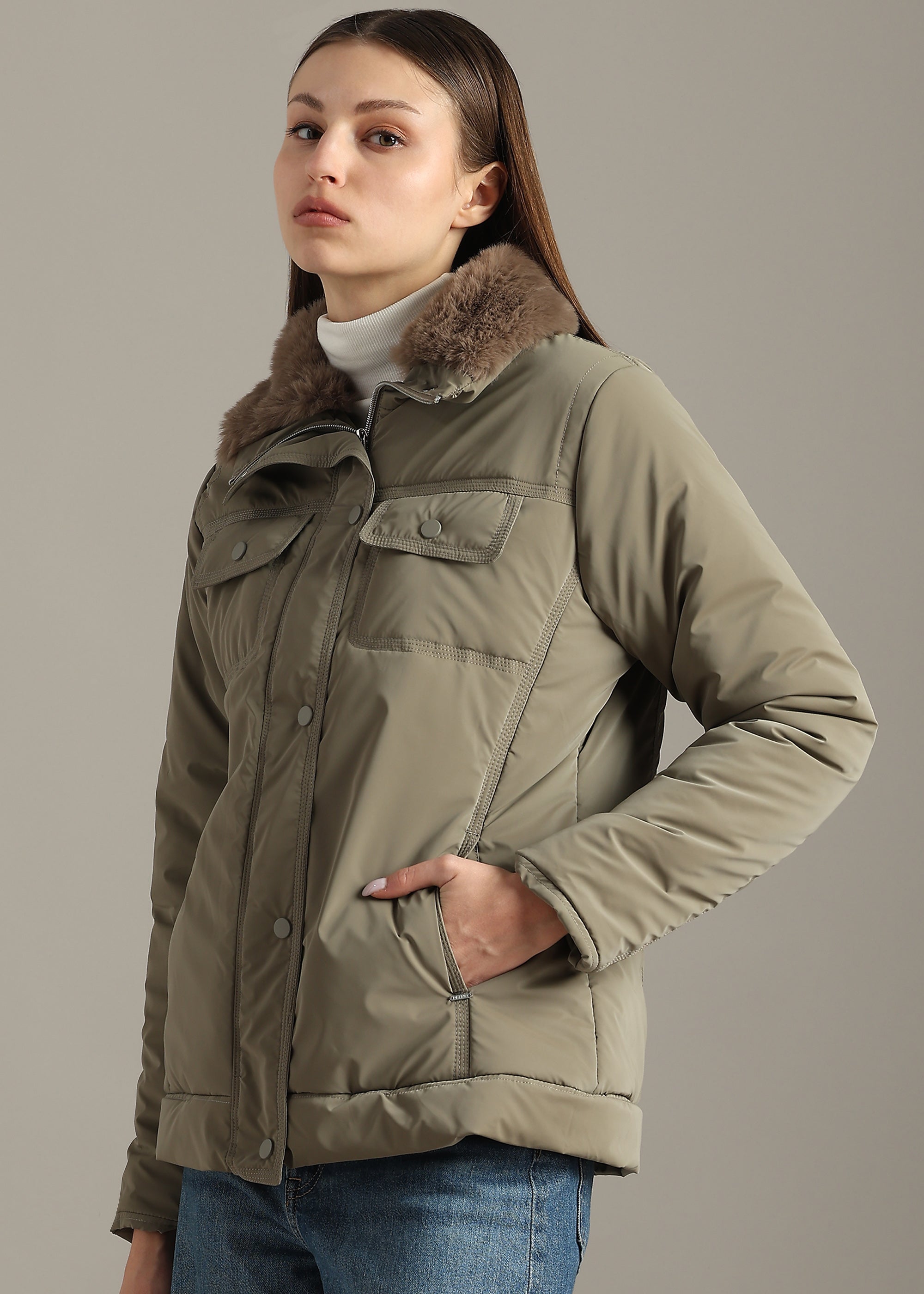 SILVER MINK SOFT SKIN FUR COLLAR FULL SLEEVE JACKET