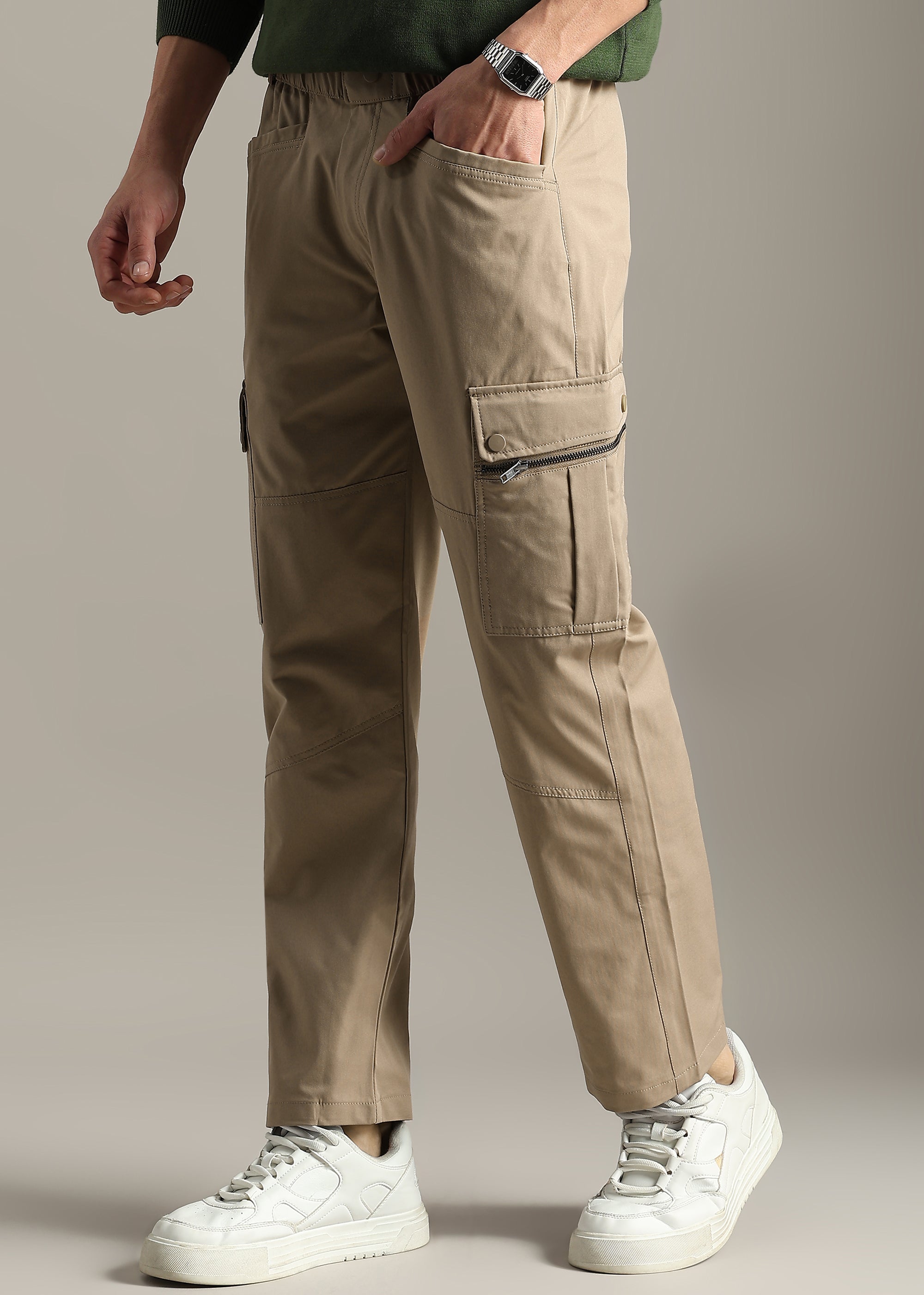 BEIGE NYLON BLENDED ELASTANE CARGO PANT
