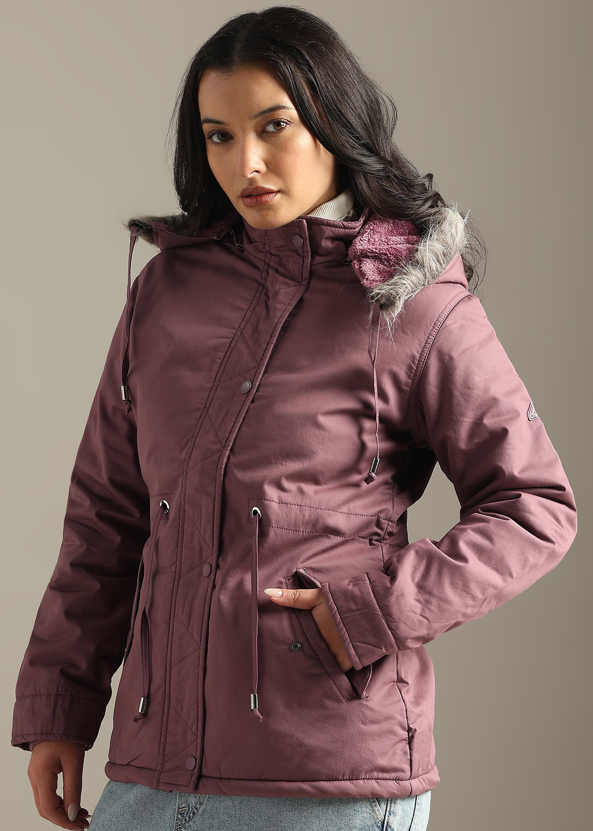 PINK SOLID COTTON UTILITY FUR BACK FULL SLEEVE JACKET
