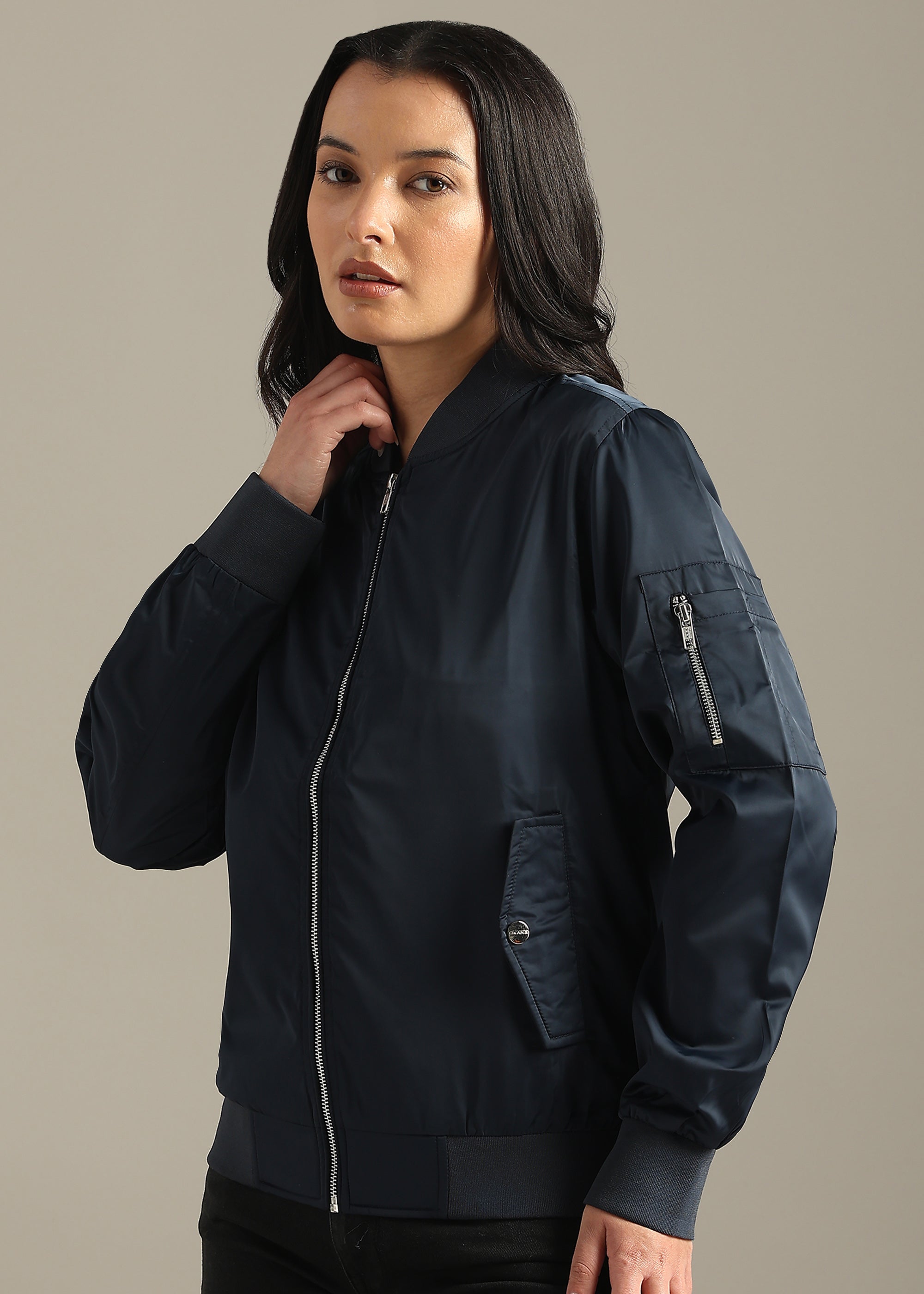 NAVY SATIN BOMBER FULL SLEEVE JACKET