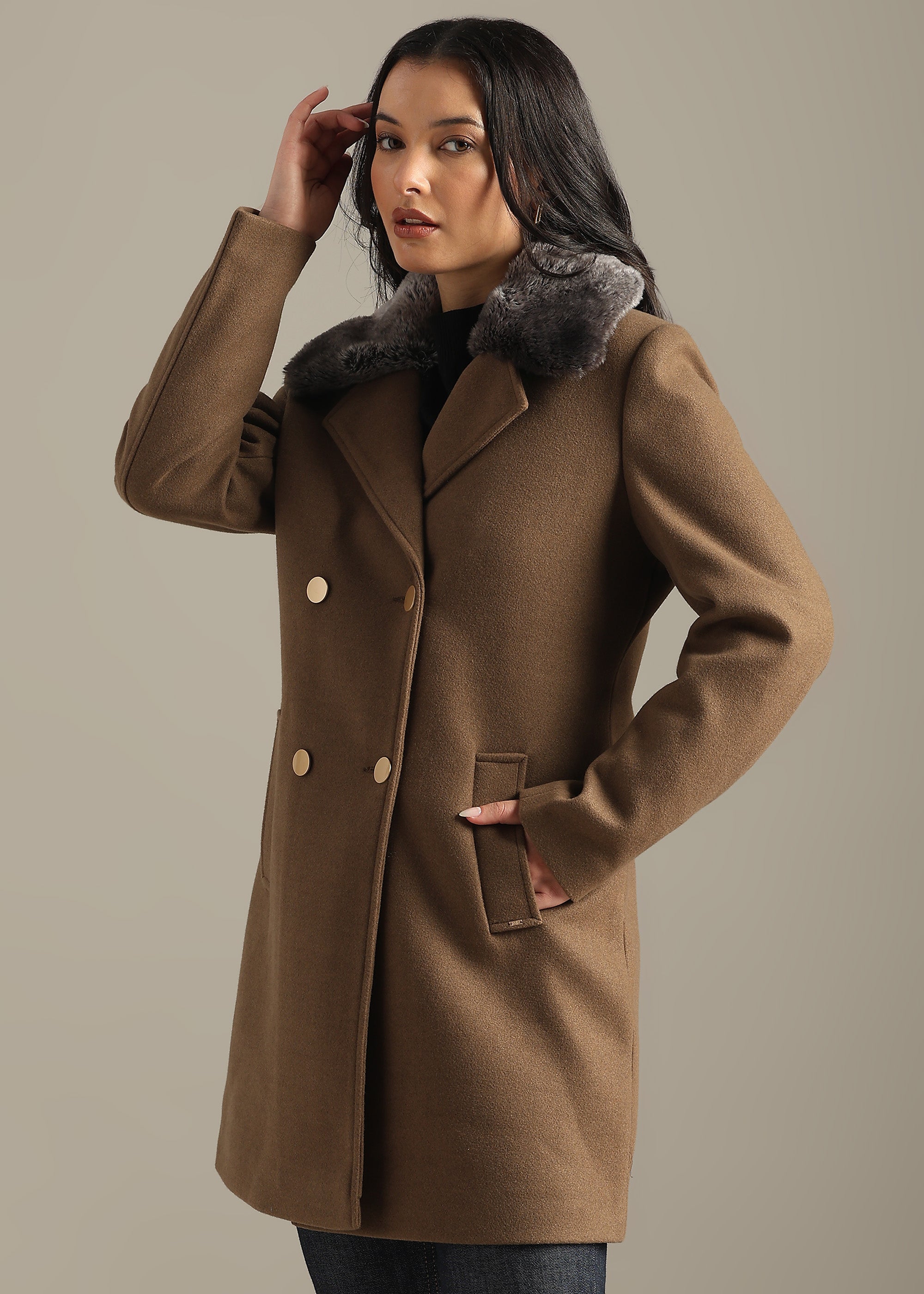 COFFEE SOLID TWEED DETACHABLE FUR COLLAR OVERCOAT