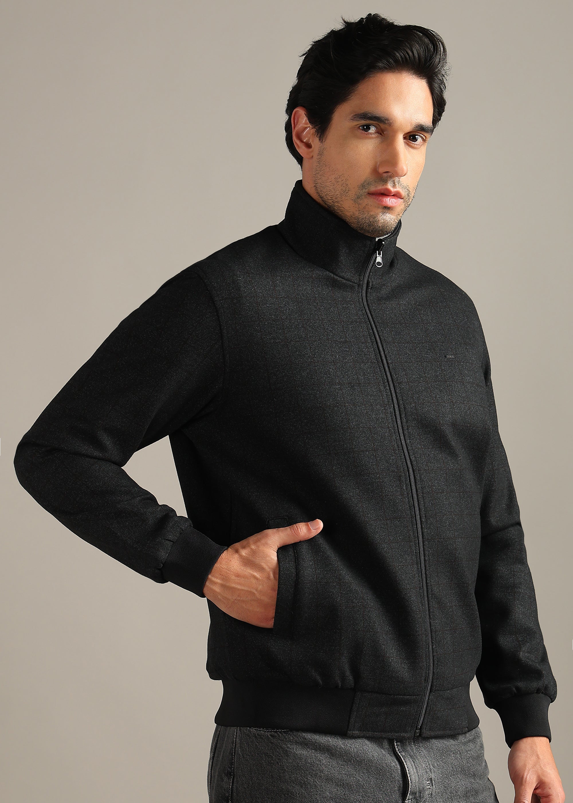 BLACK SOLID REVERSIBLE TWEED FULL SLEEVE JACKET