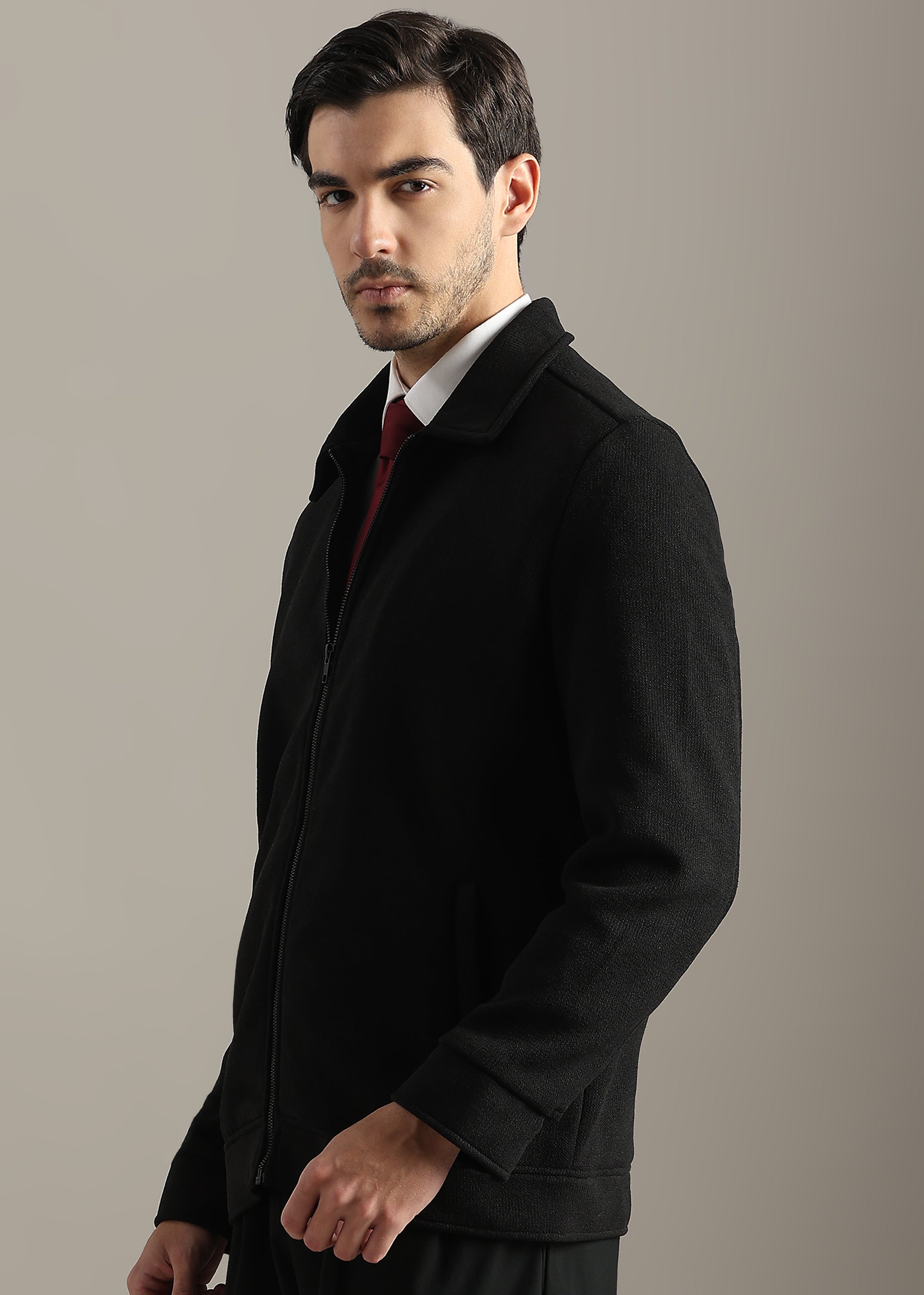 BLACK STRUCTURED BLOUSON FULL SLEEVE JACKET