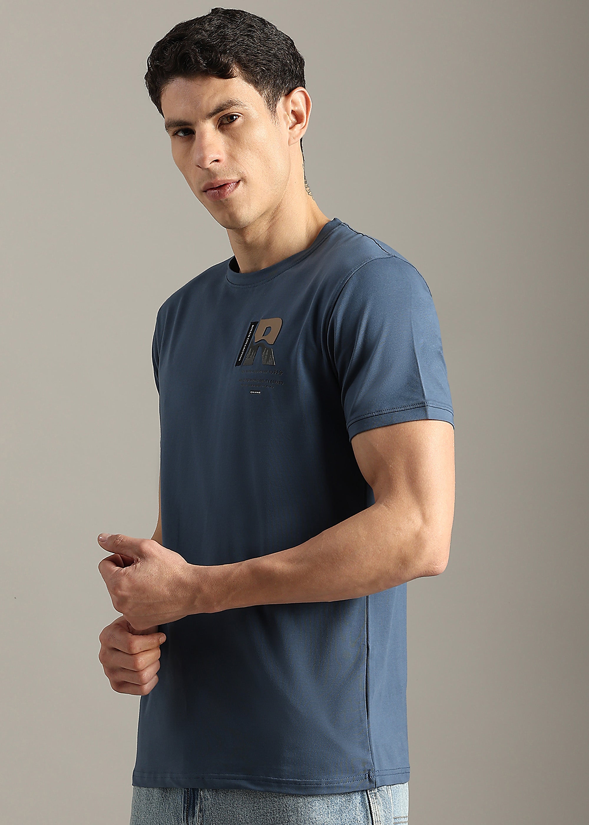 BLUE COTTON ELASTANE GRAPHIC T-SHIRT