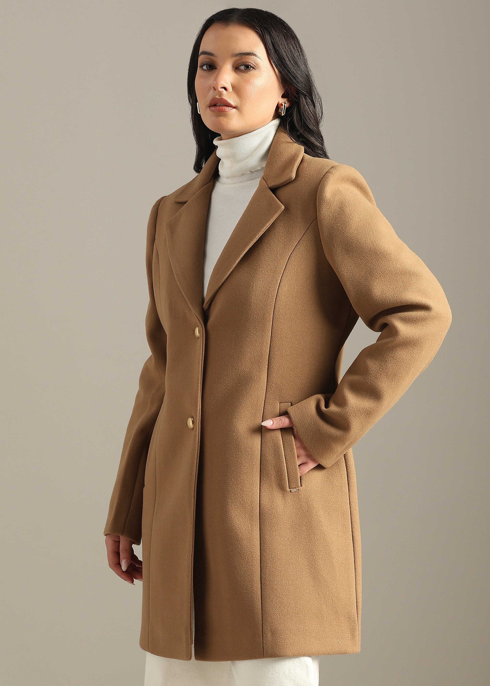 KHAKI SOLID WINTER ESSENTIAL COAT