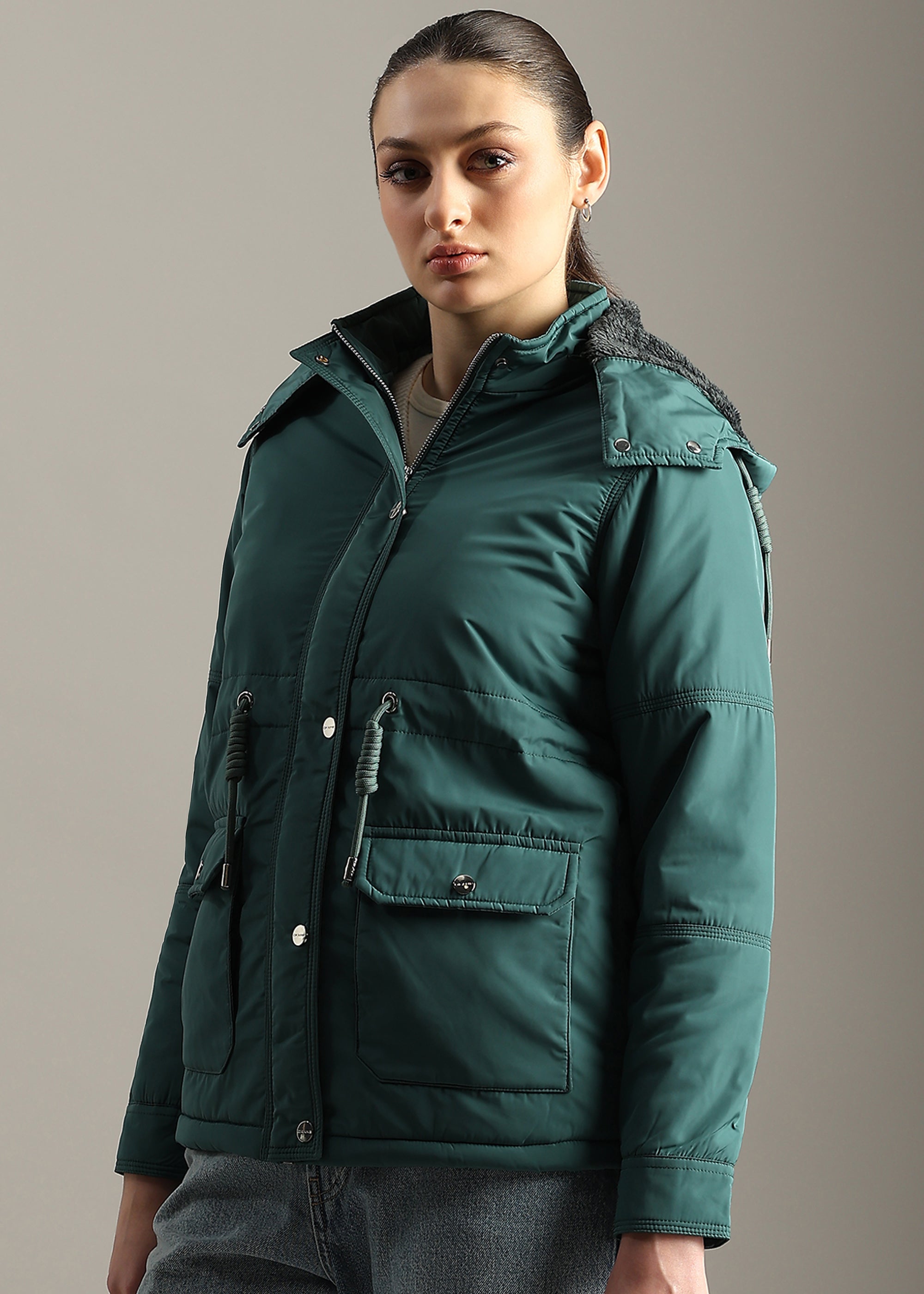 GREEN SOLID FUR PADDED PARKA FULL SLEEVE JACKET