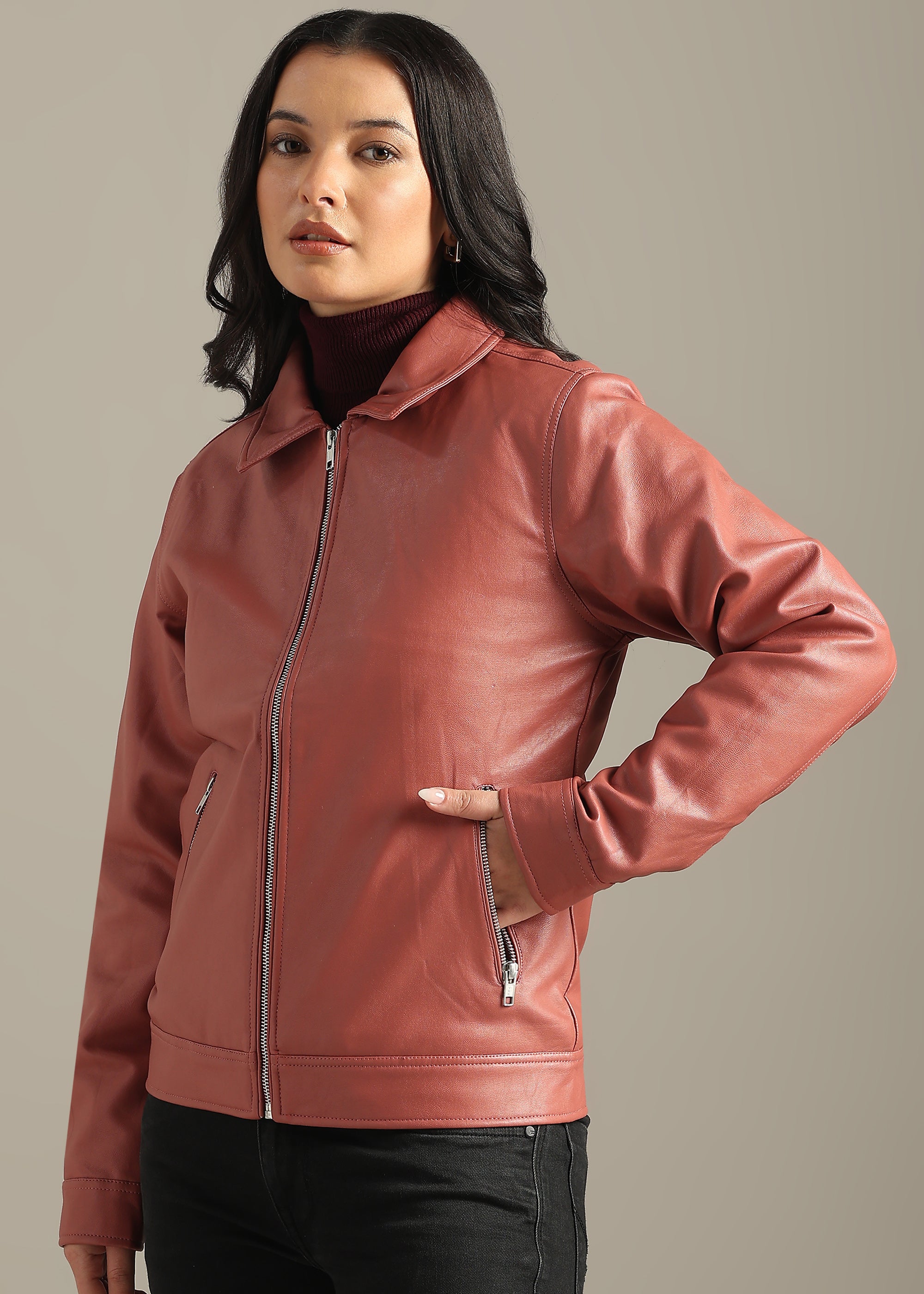 PINK SOLID PU LEATHER FULL SLEEVE JACKET