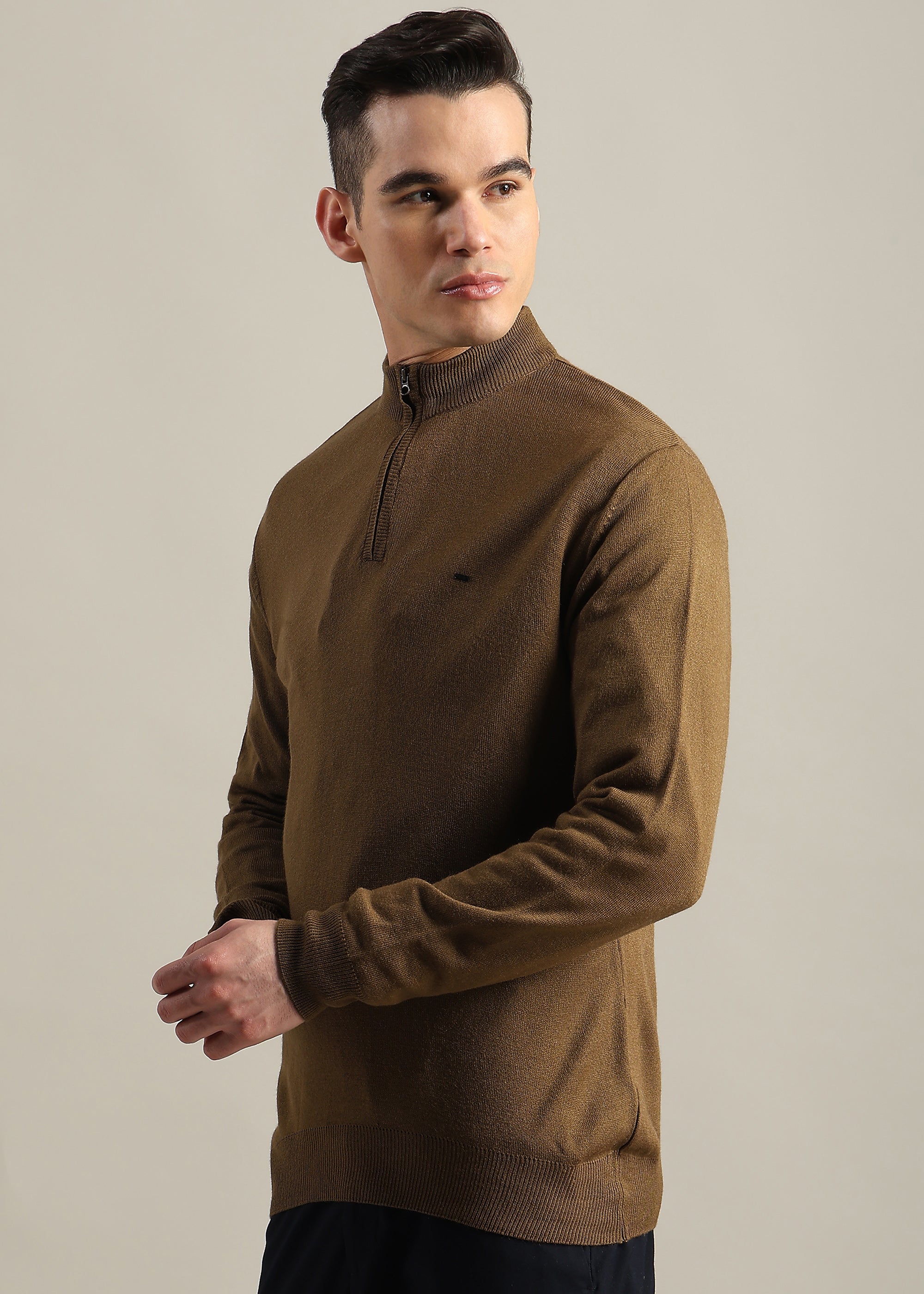 TAN SOLID ACRYLIC TURTLE NECK SWEATER