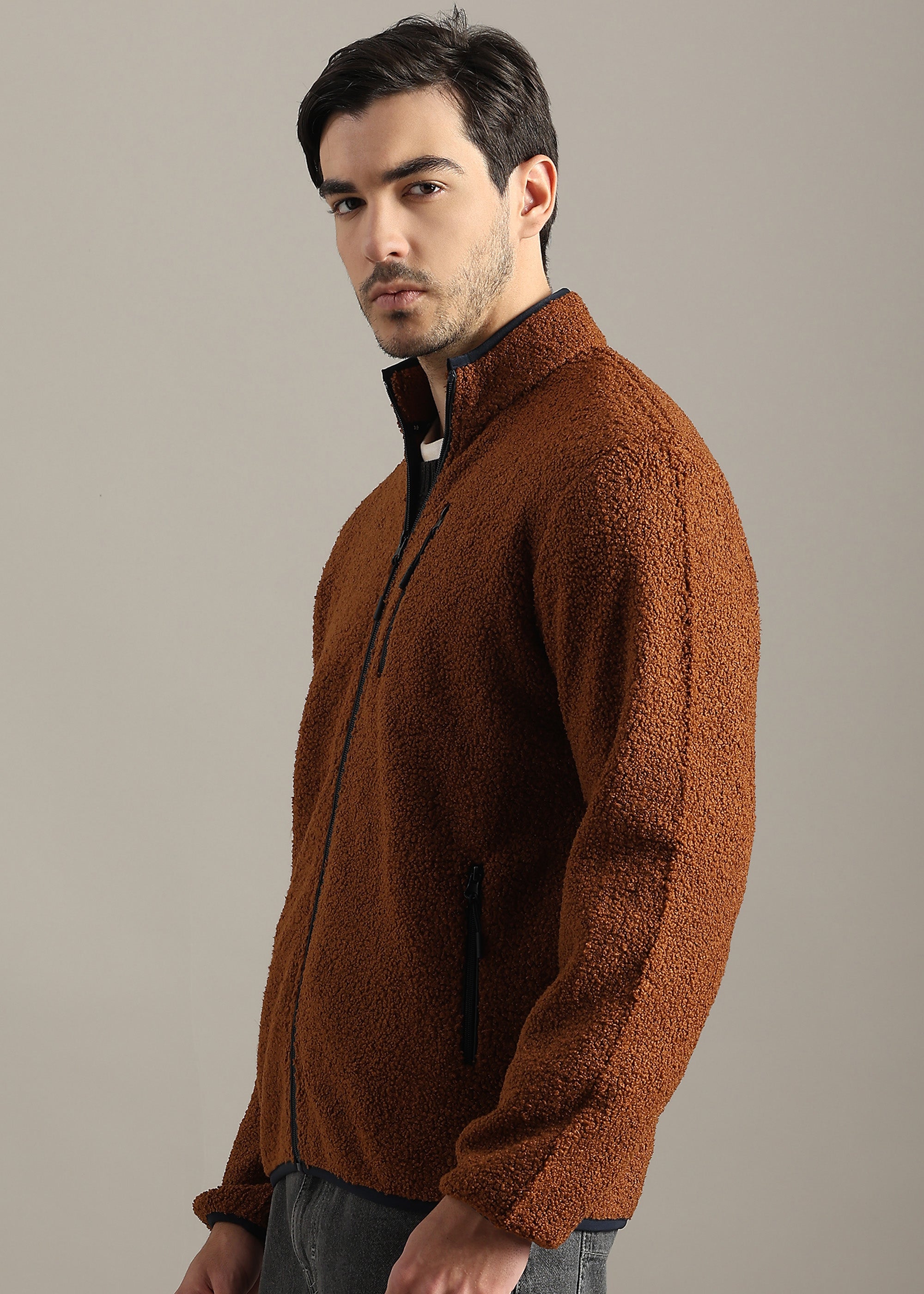 TAN SOLID FAUX FUR SHEARLING ZIPPER