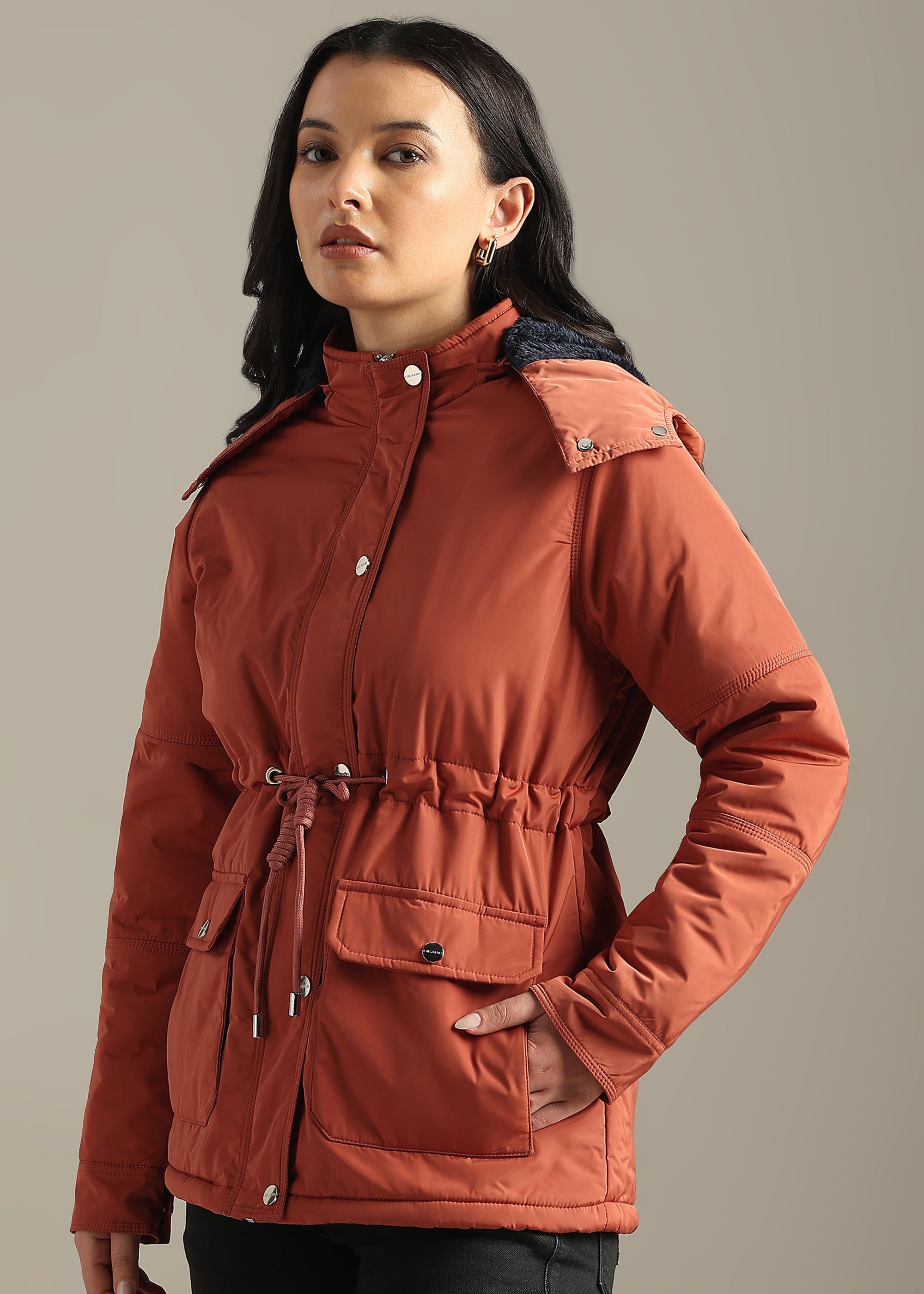 PEACH SOLID FUR PADDED PARKA FULL SLEEVE JACKET