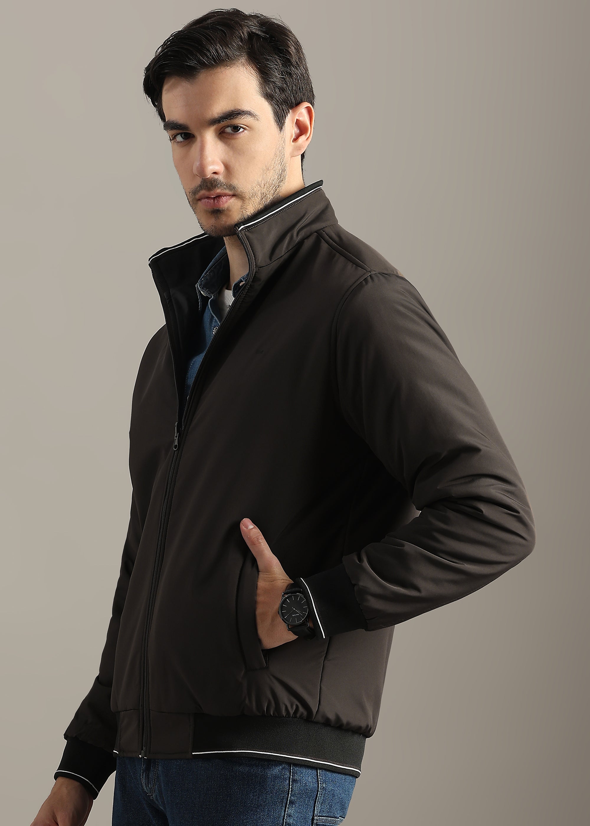 COFFEE SOLID REVERSIBLE MID WEIGHT FULL SLEEVE JACKET