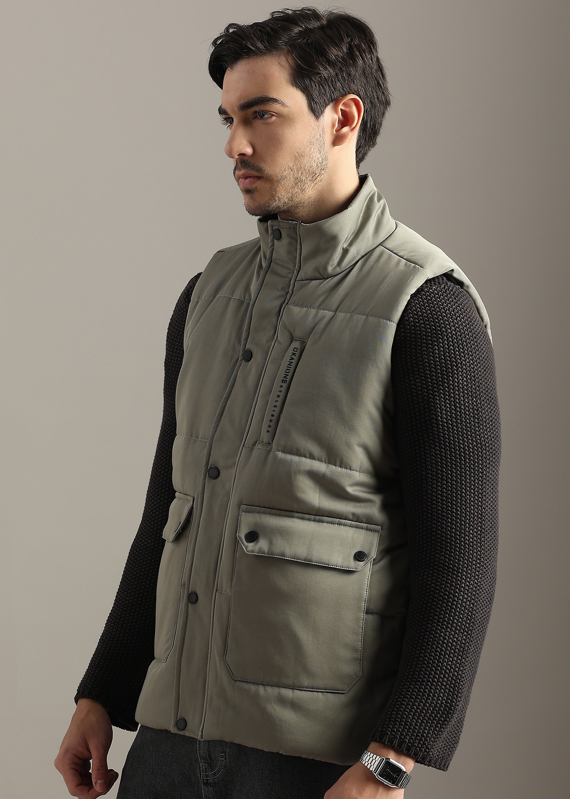 OLIVE SOLID FAUX COTTON CARGO GILET
