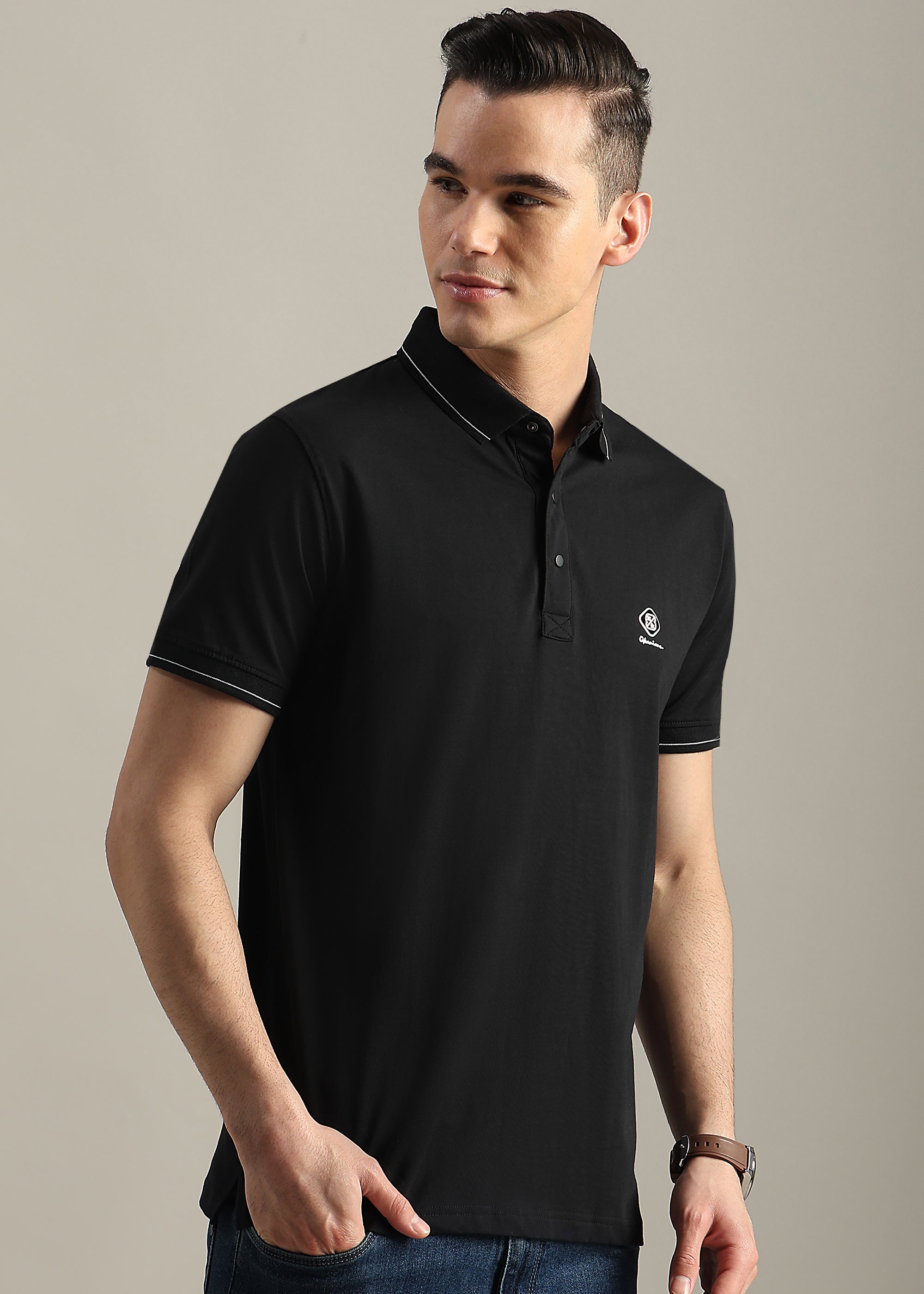 BLACK SOLID COTTON ELASTANE POLO TEE