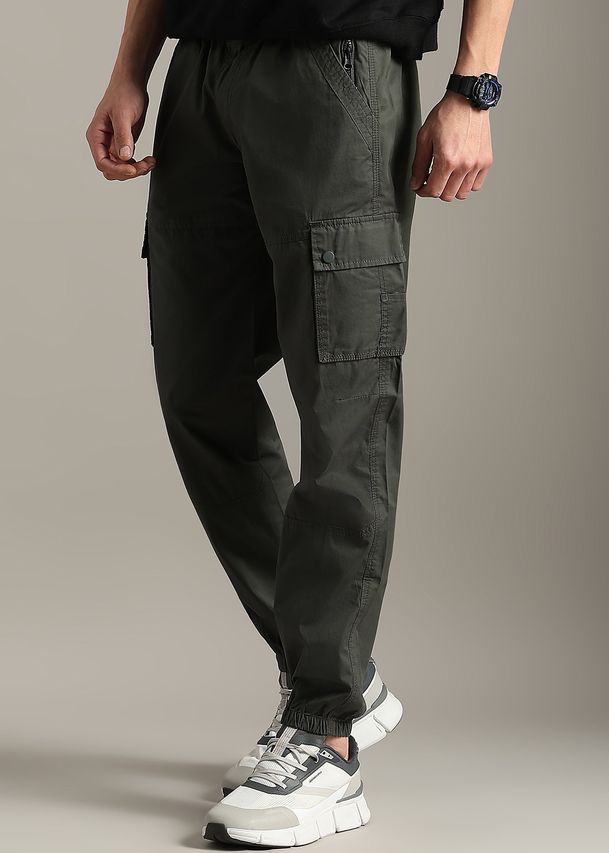 OLIVE SOLID COTTON UTILITY JOGGER PANT