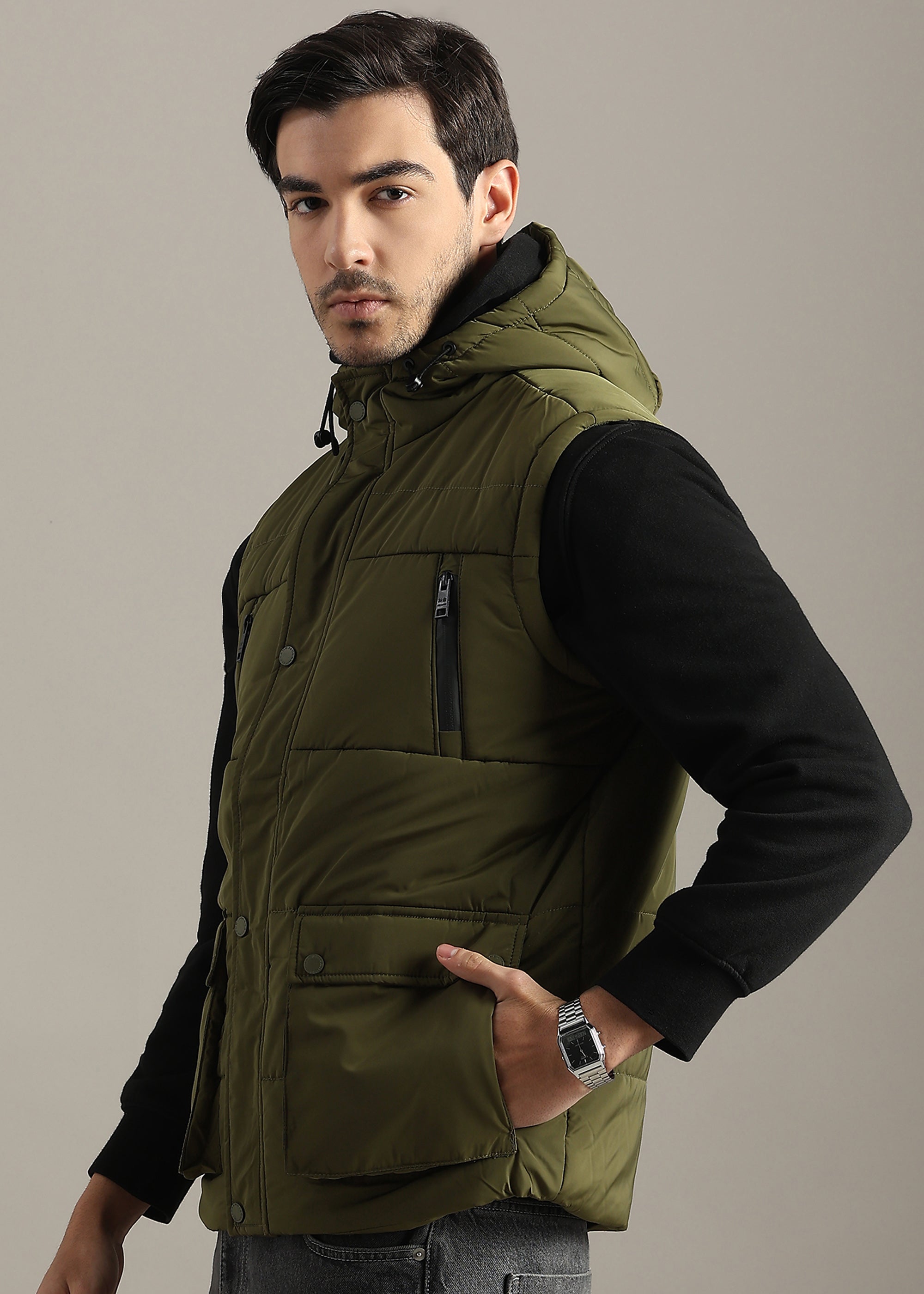 OLIVE SOLID POLYESTER CARGO CHESTER GILET