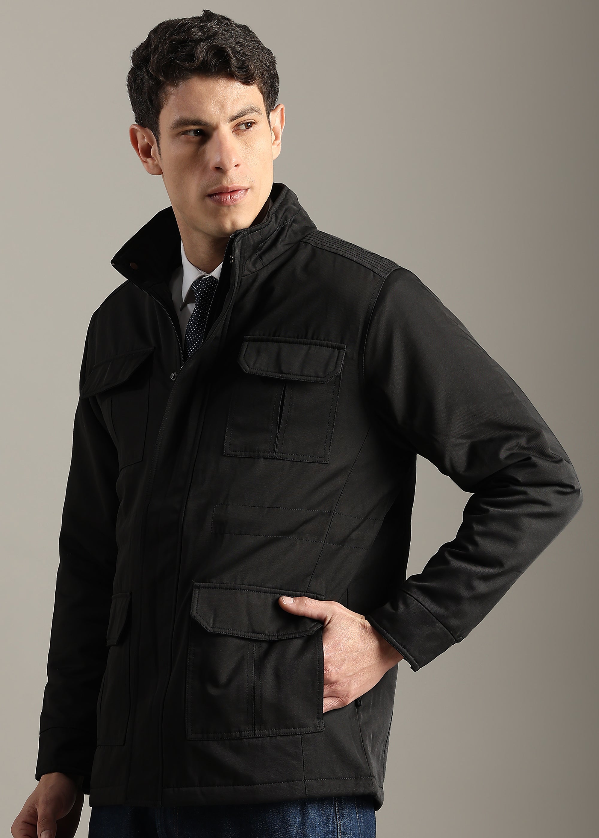 BLACK SOLID FUR COTTON CARGO FULL SLEEVE JACKET
