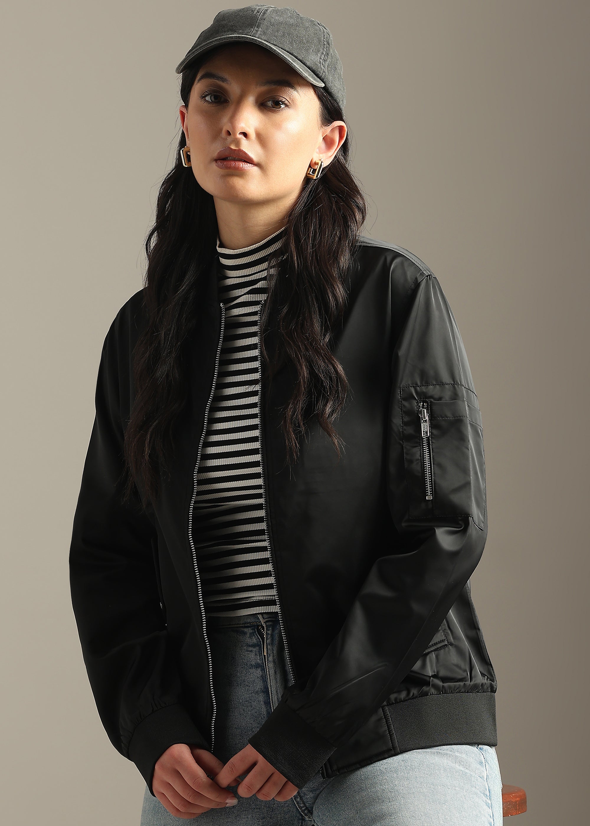 BLACK SATIN BOMBER FULL SLEEVE JACKET