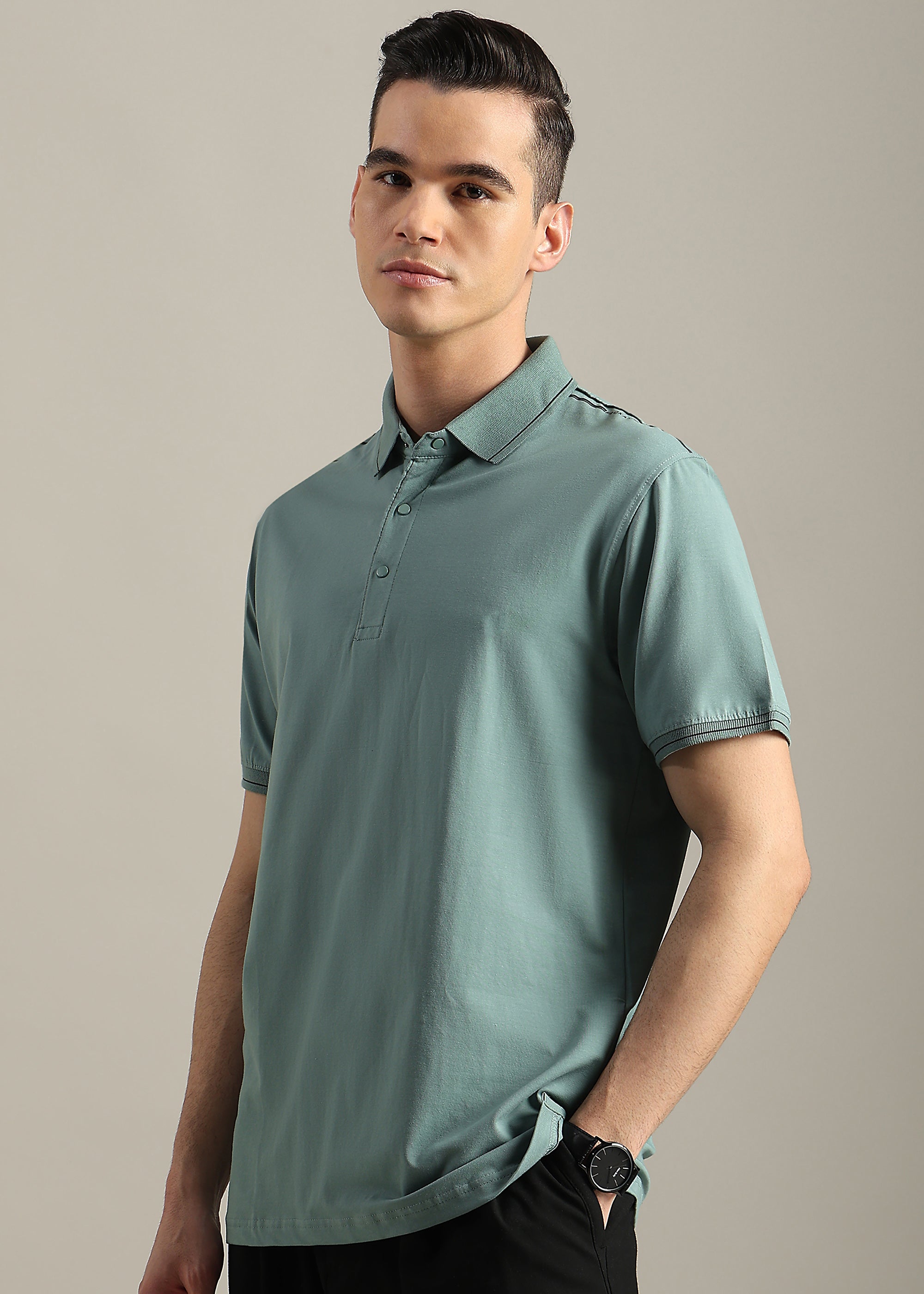 GREEN SOLID COTTON ELASTANE POLO TEE