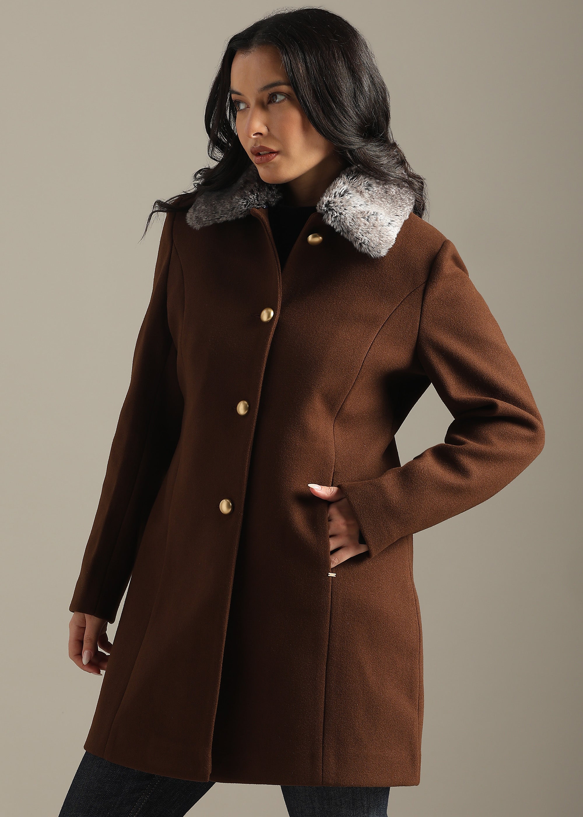 COFFEE DETACHABLE FUR COLLAR COAT