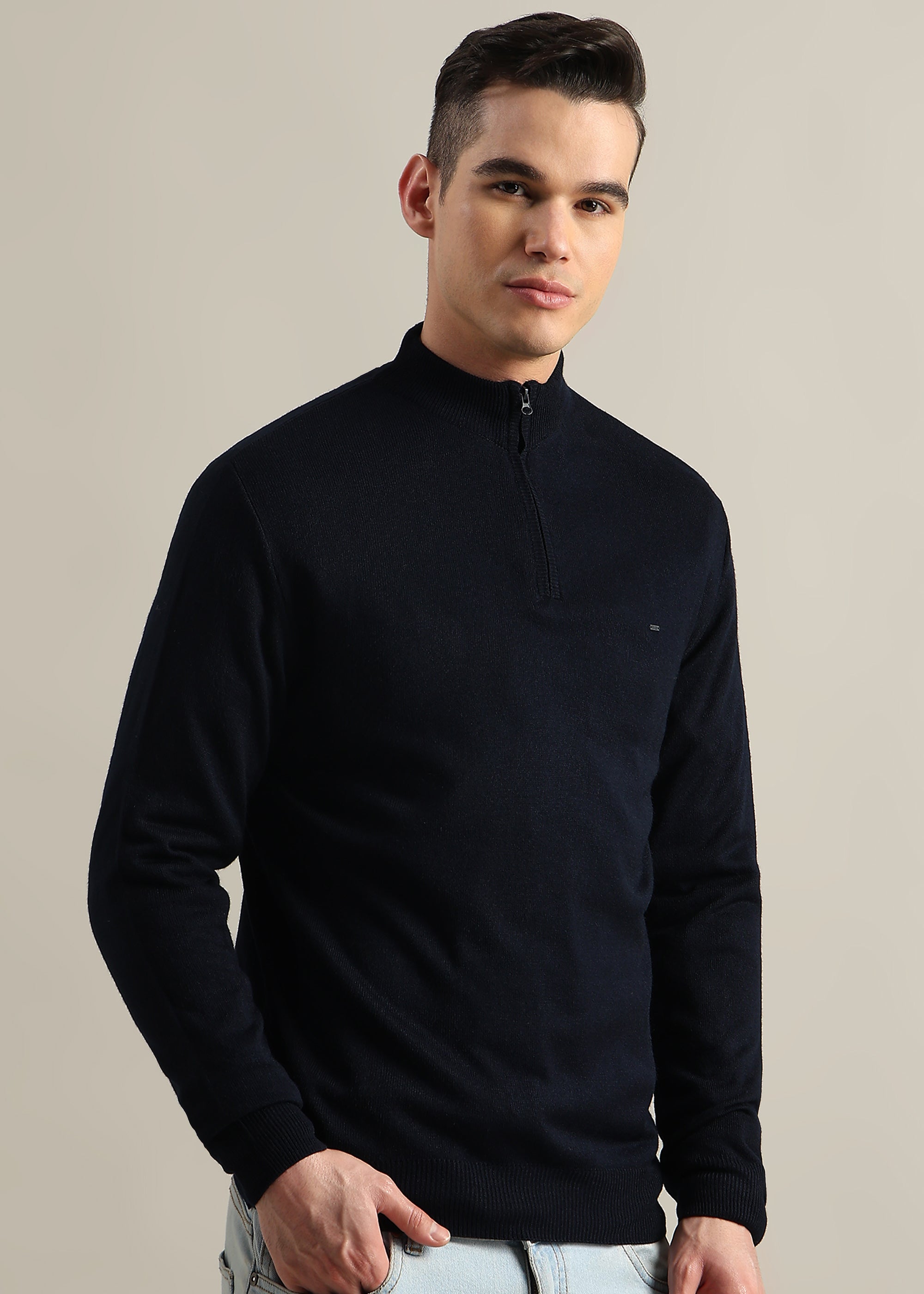 NAVY SOLID ACRYLIC TURTLE NECK SWEATER