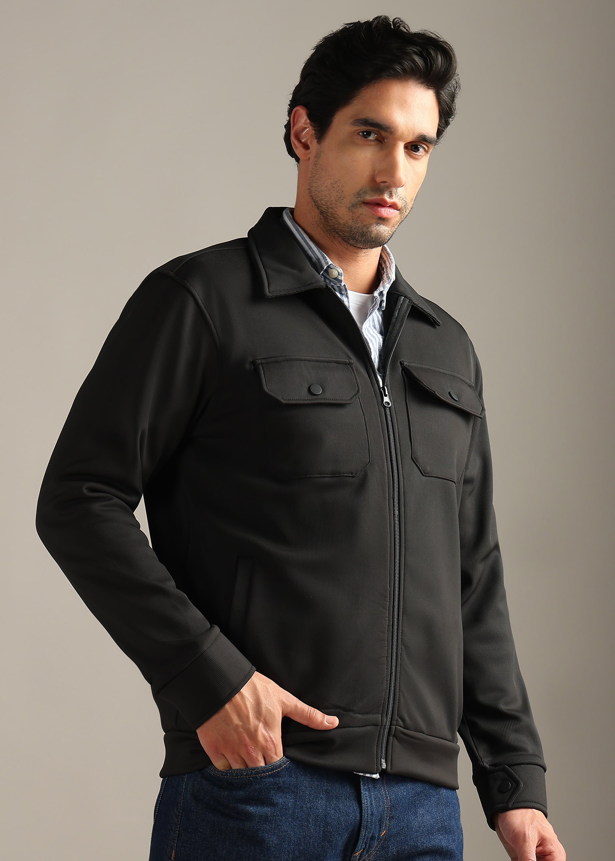 BLACK SOLID PREMIUM WARMTH + ZIPPER SHACKET