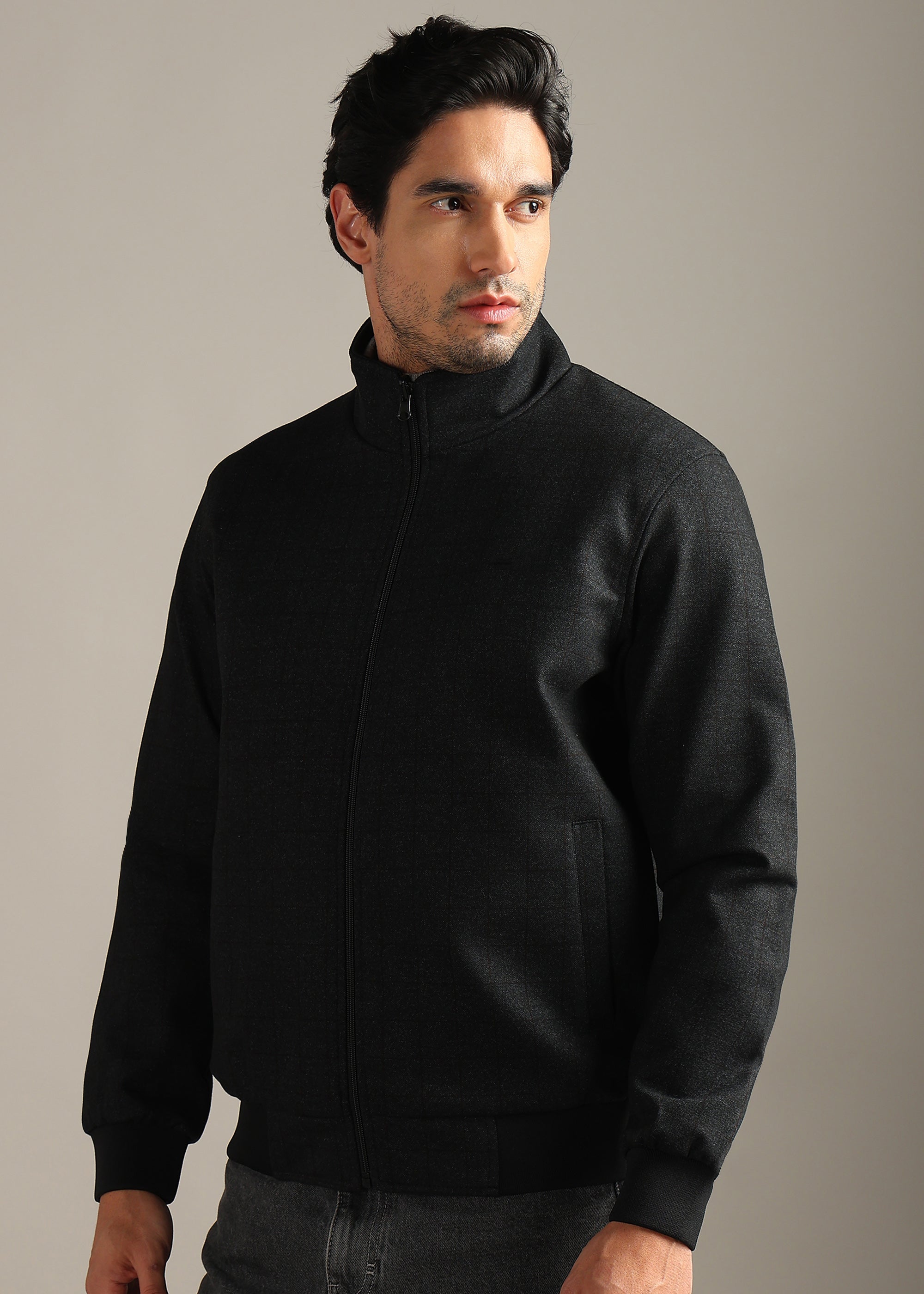 BLACK SOLID REVERSIBLE TWEED FULL SLEEVE JACKET
