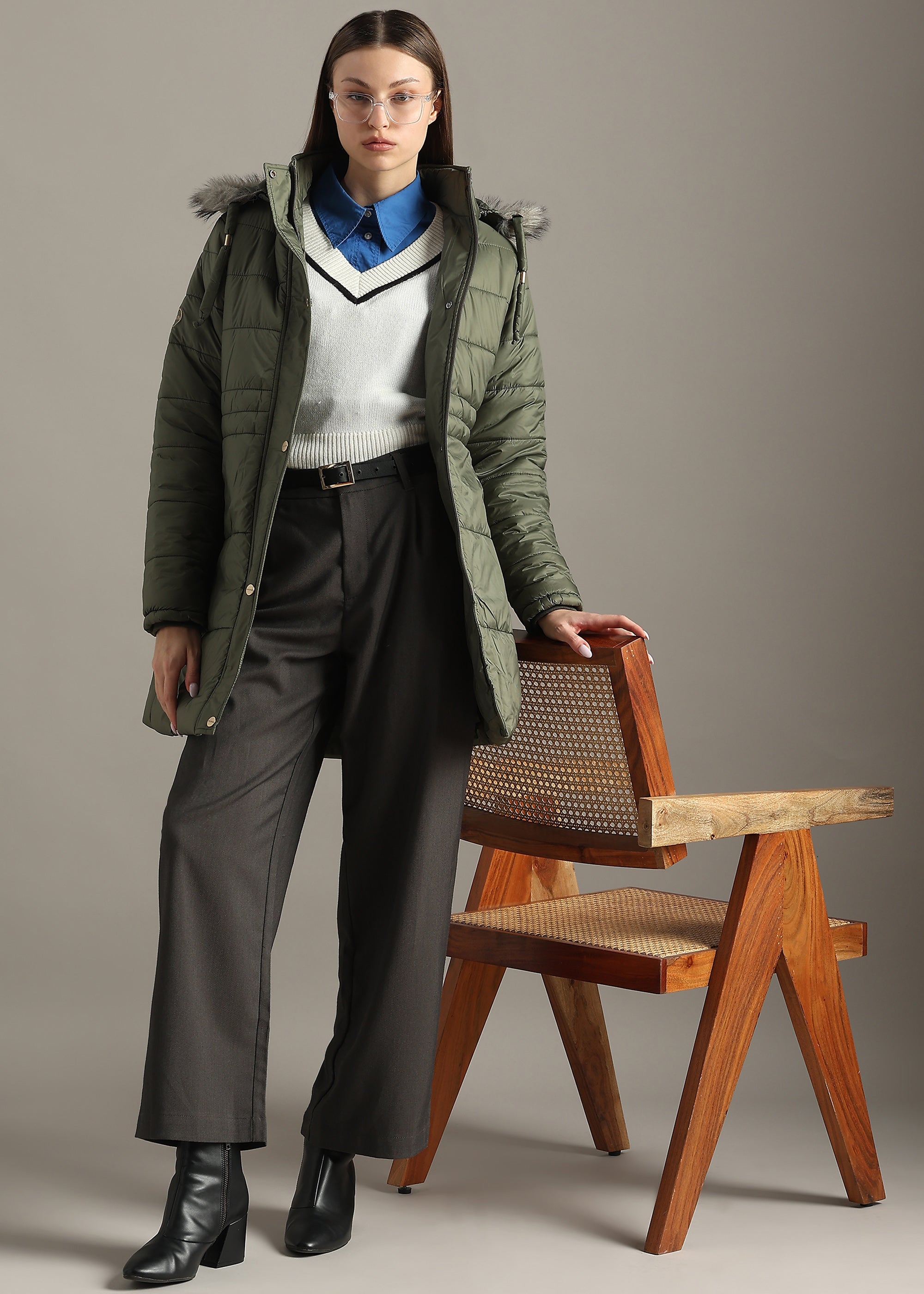 OLIVE SOLID NYLON LONG SKI FULL SLEEVE JACKET
