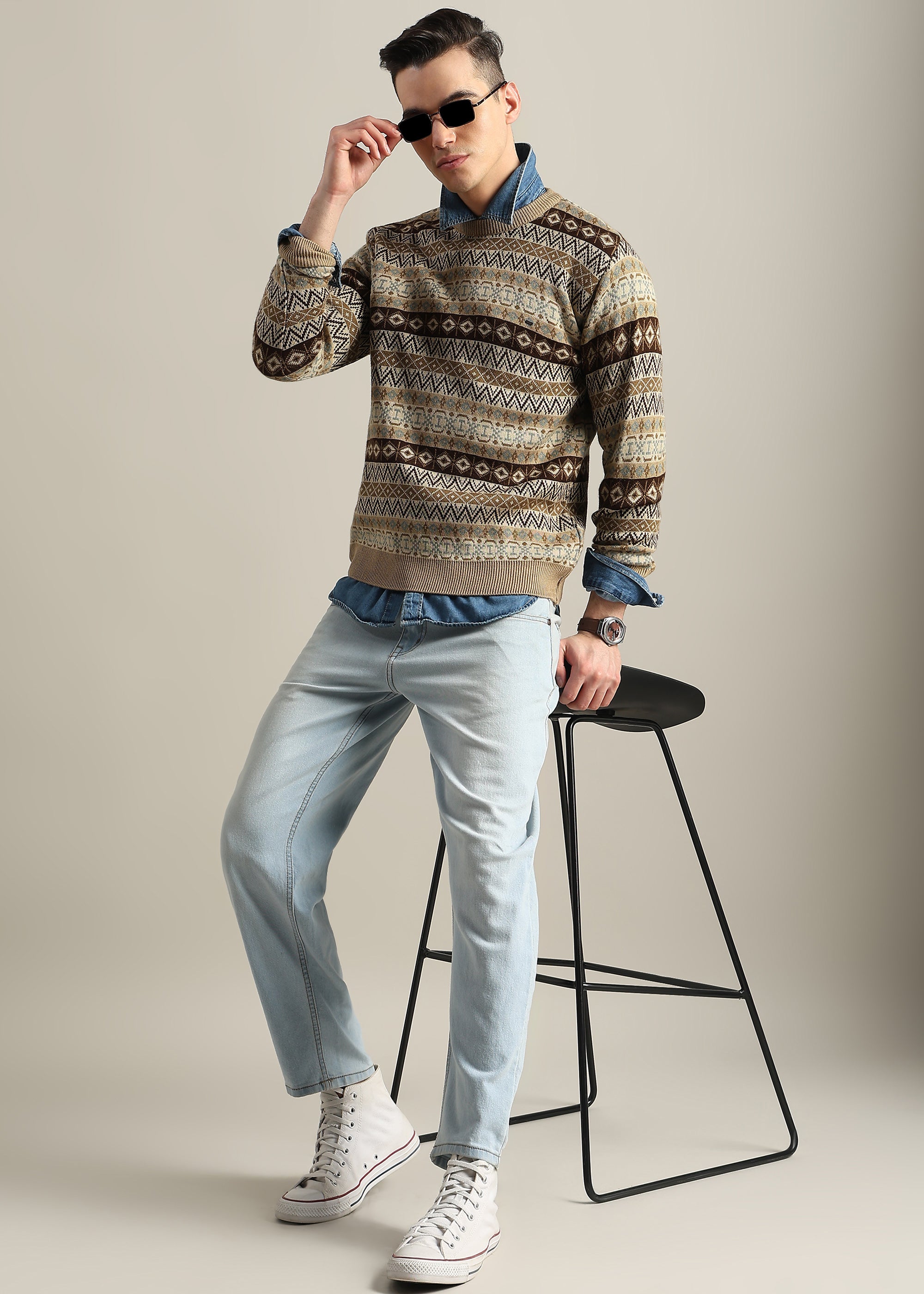 CAMEL STRUCTURED CREW NECK SWEATER