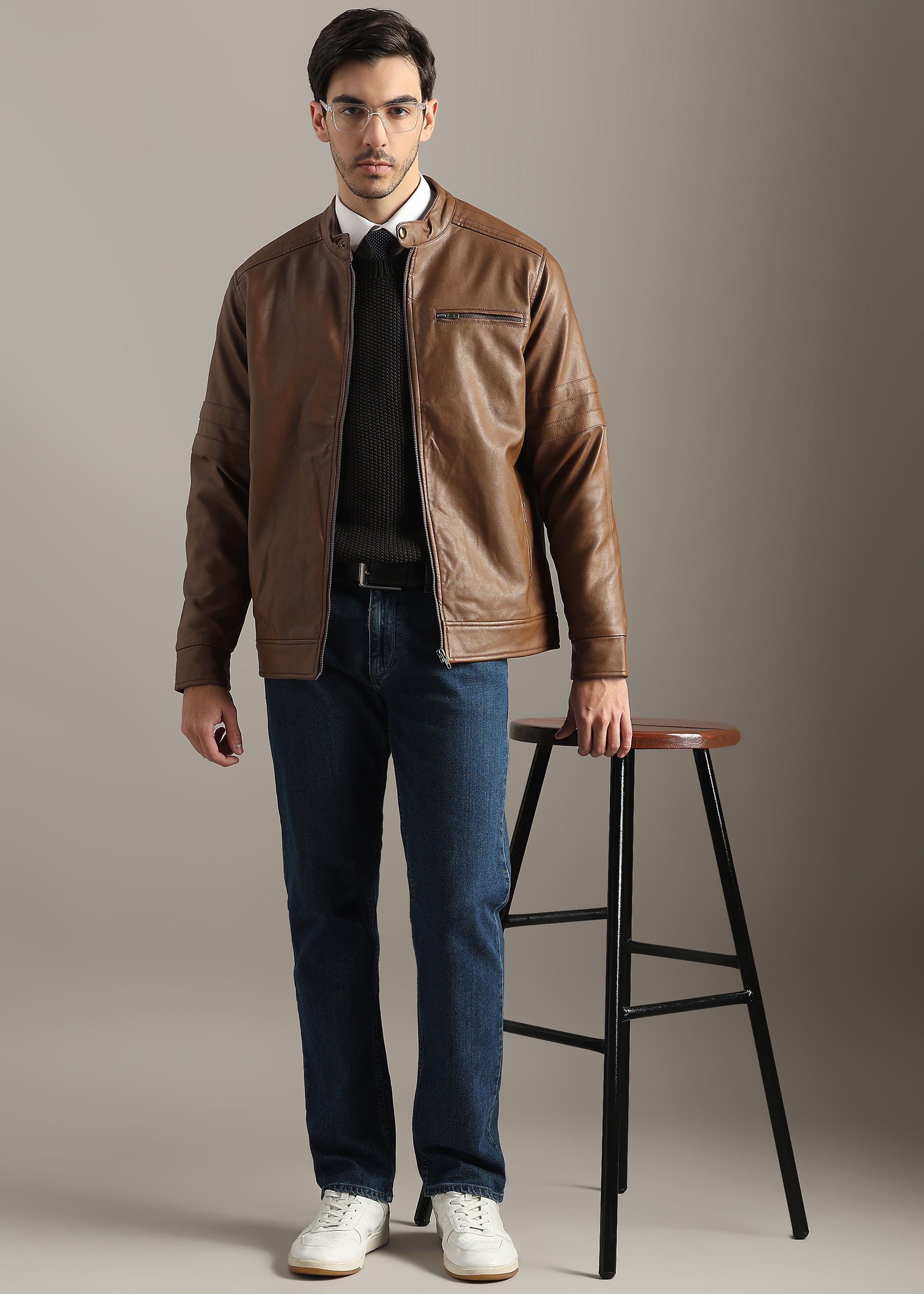 TAN FAUX LEATHER TRIM MANDARIN COLLAR  FULL SLEEVE TAILORED JACKET