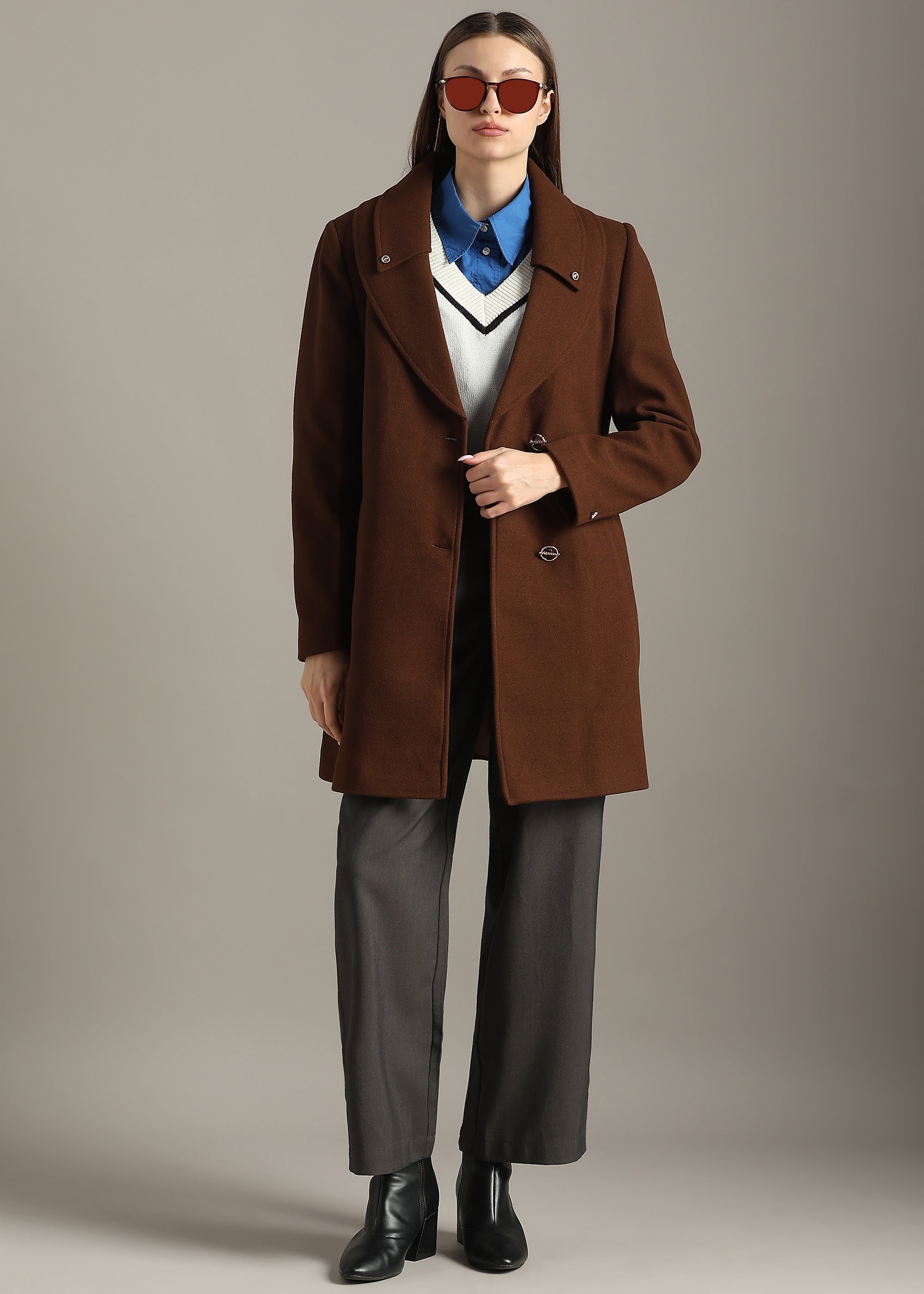 COFFEE SOLID FORMAL DOUBLE BREASTED OVER COAT