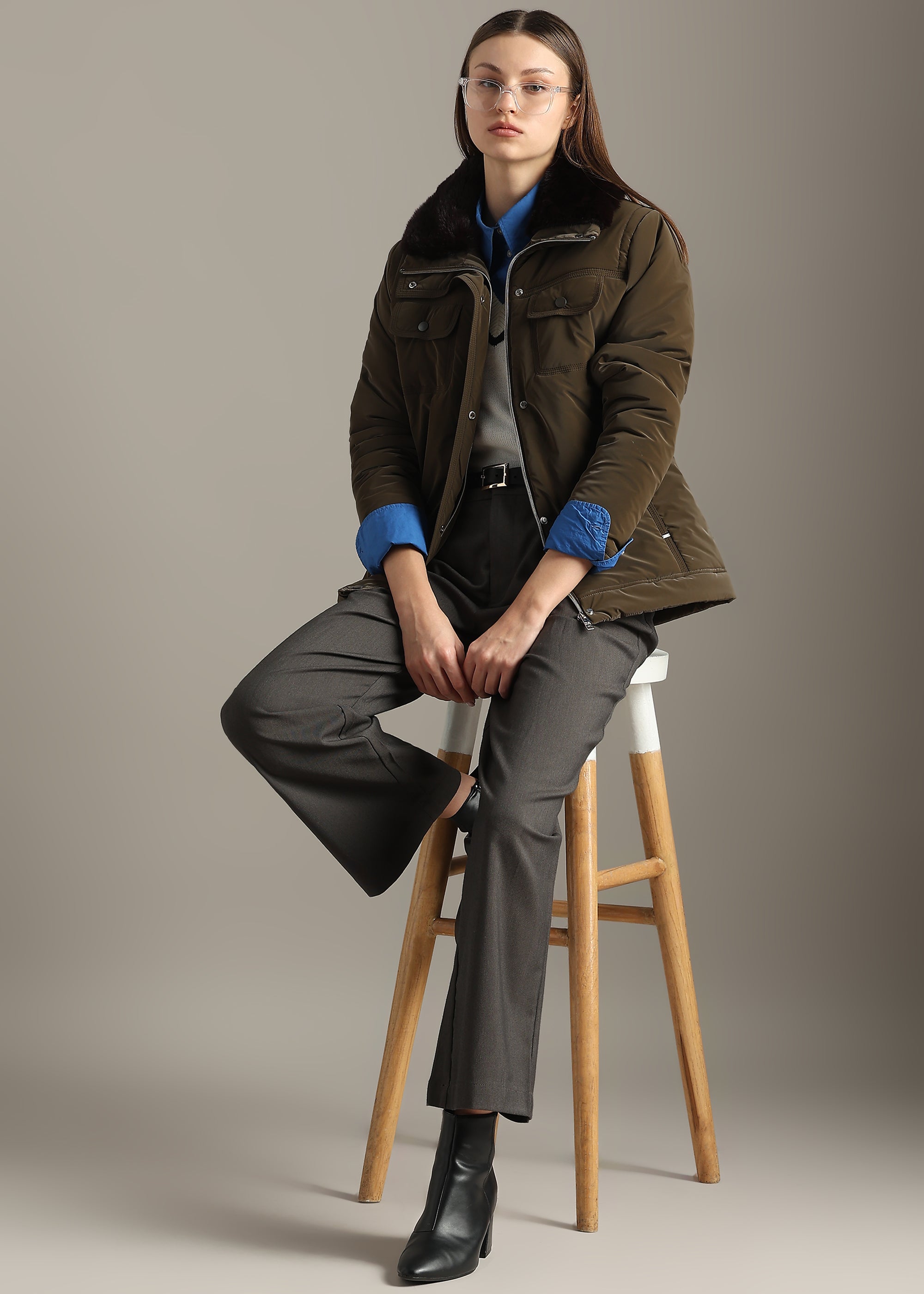 COFFEE SOFT SKIN FUR COLLAR FULL SLEEVE JACKET