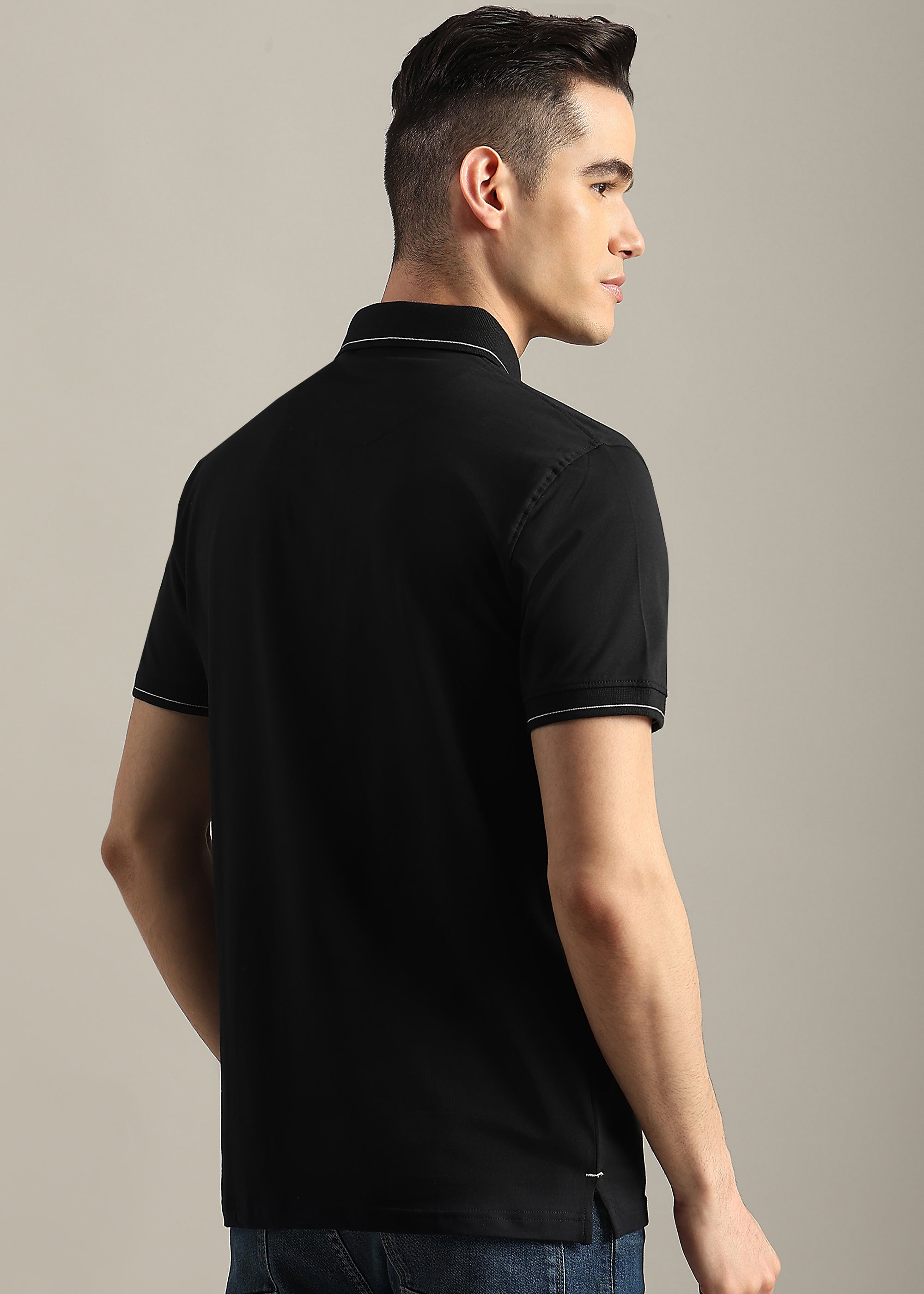 BLACK SOLID COTTON ELASTANE POLO TEE