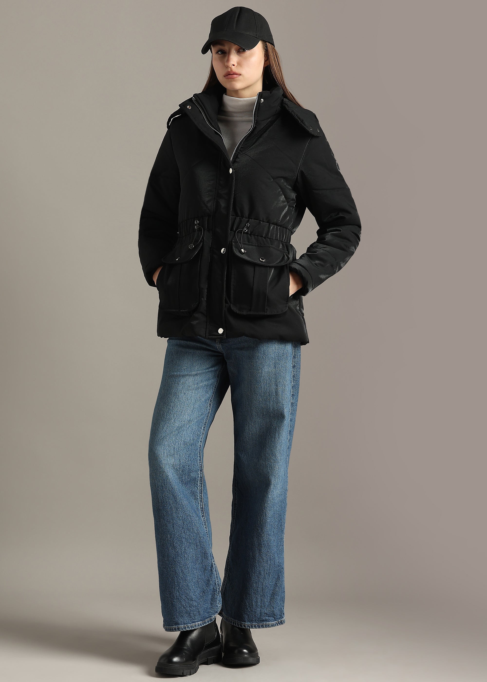 BLACK SOLID PREMIUM SATIN CROPPED FULL SLEEVE JACKET