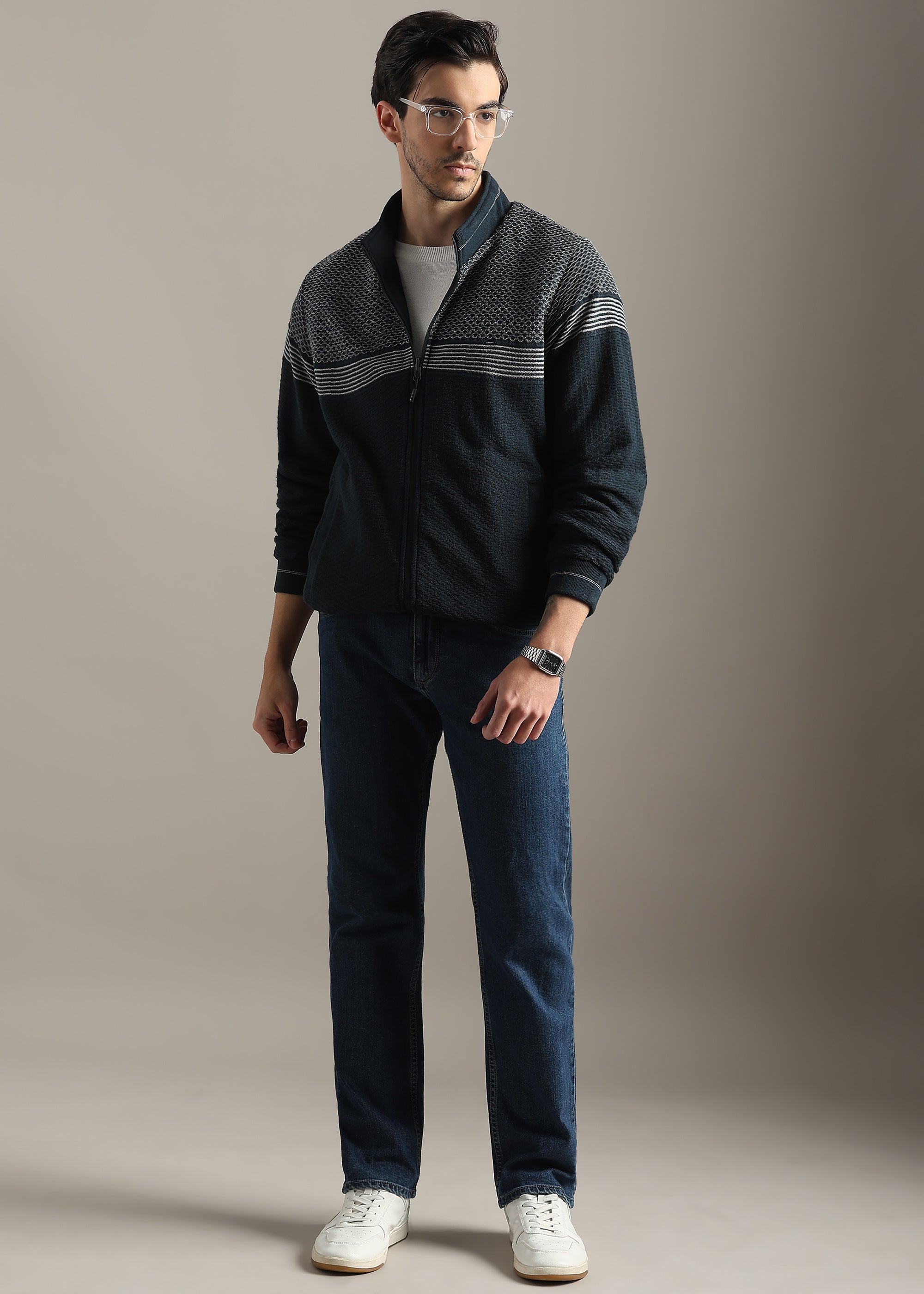 NAVY SOLID REVERSIBLE FULL SLEEVE JACKET WITH ENGINEERED SWEATER