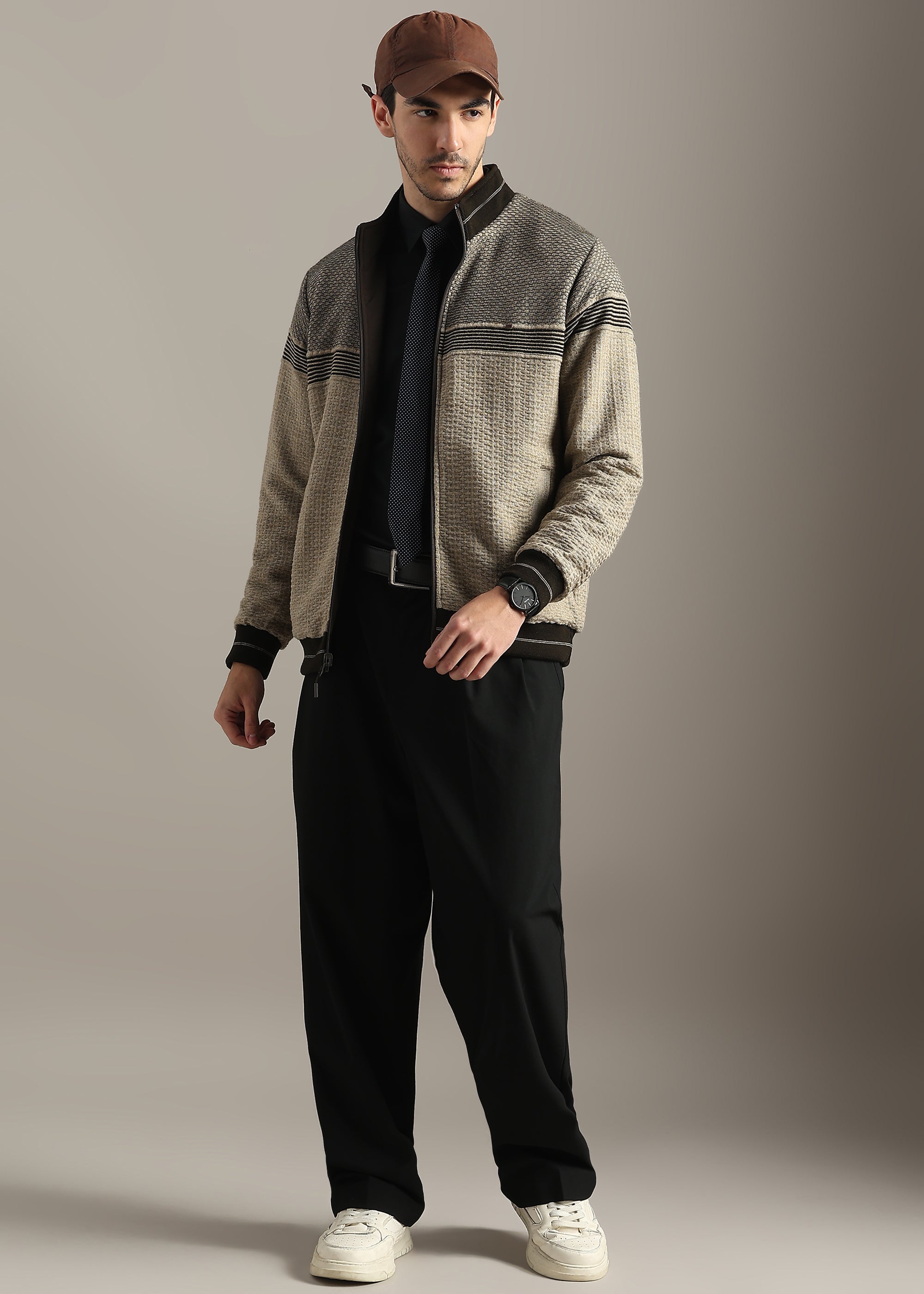 BROWN REVERSIBLE FULL SLEEVE JACKET WITH ENGINEERED SWEATER