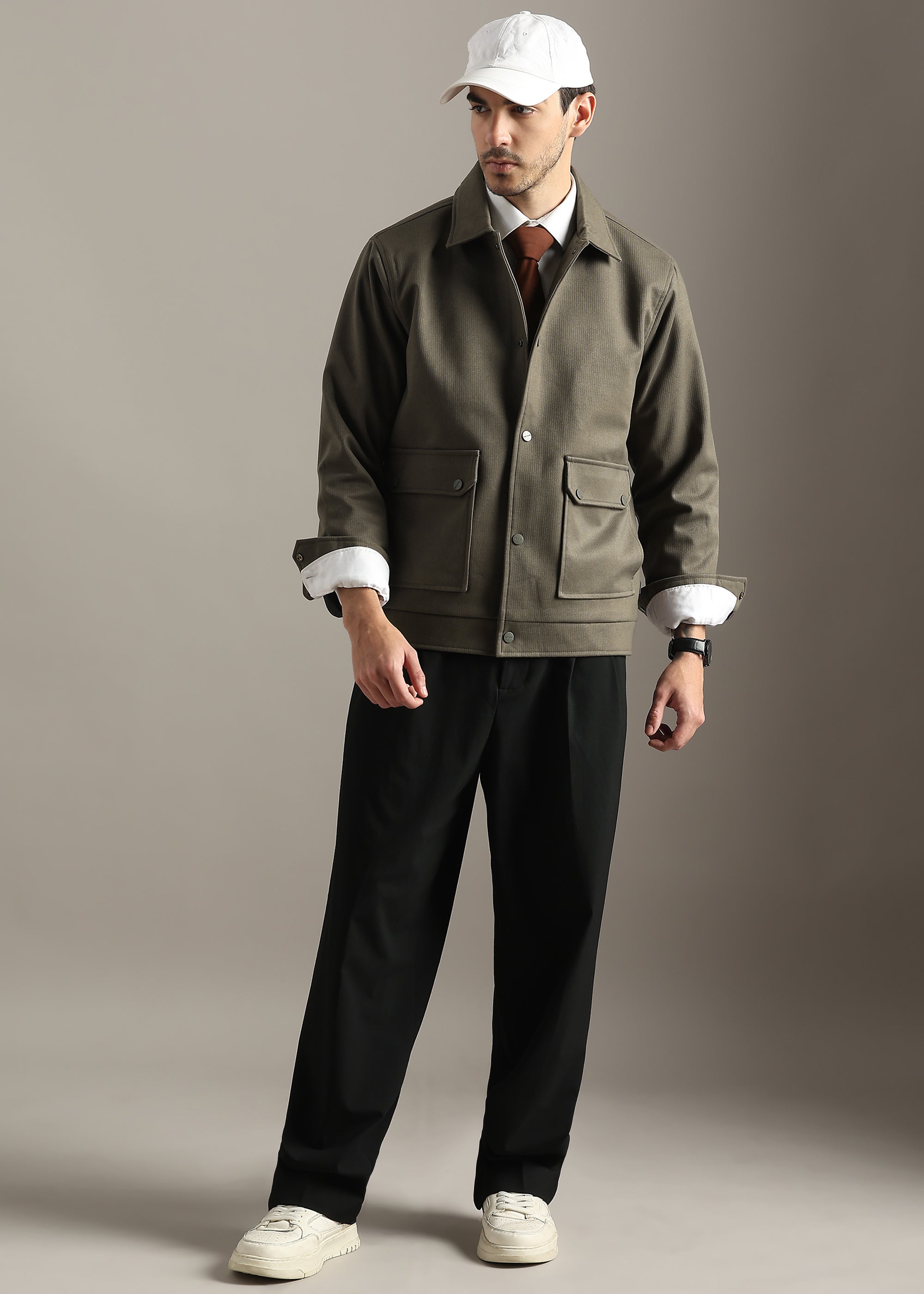 OLIVE STRUCTURED BLOUSON FULL SLEEVE JACKET