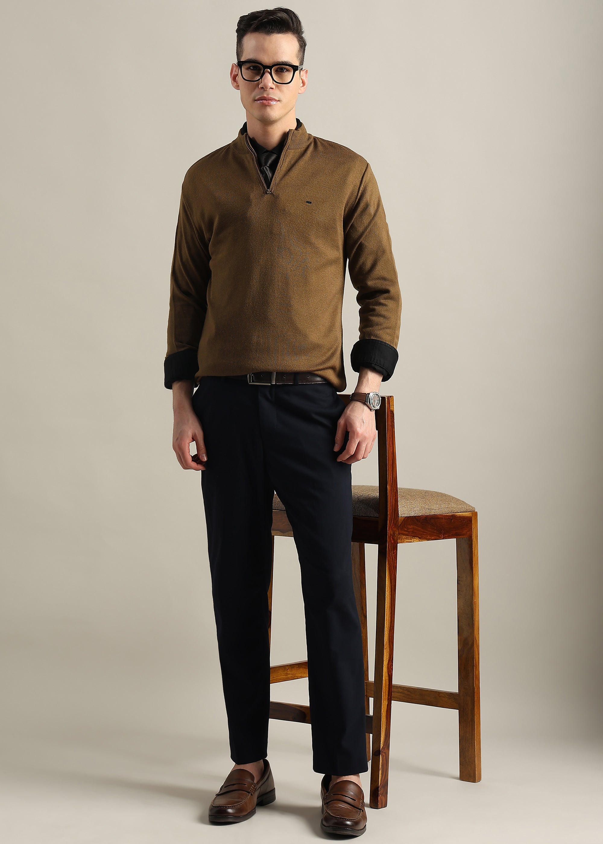 TAN SOLID ACRYLIC TURTLE NECK SWEATER