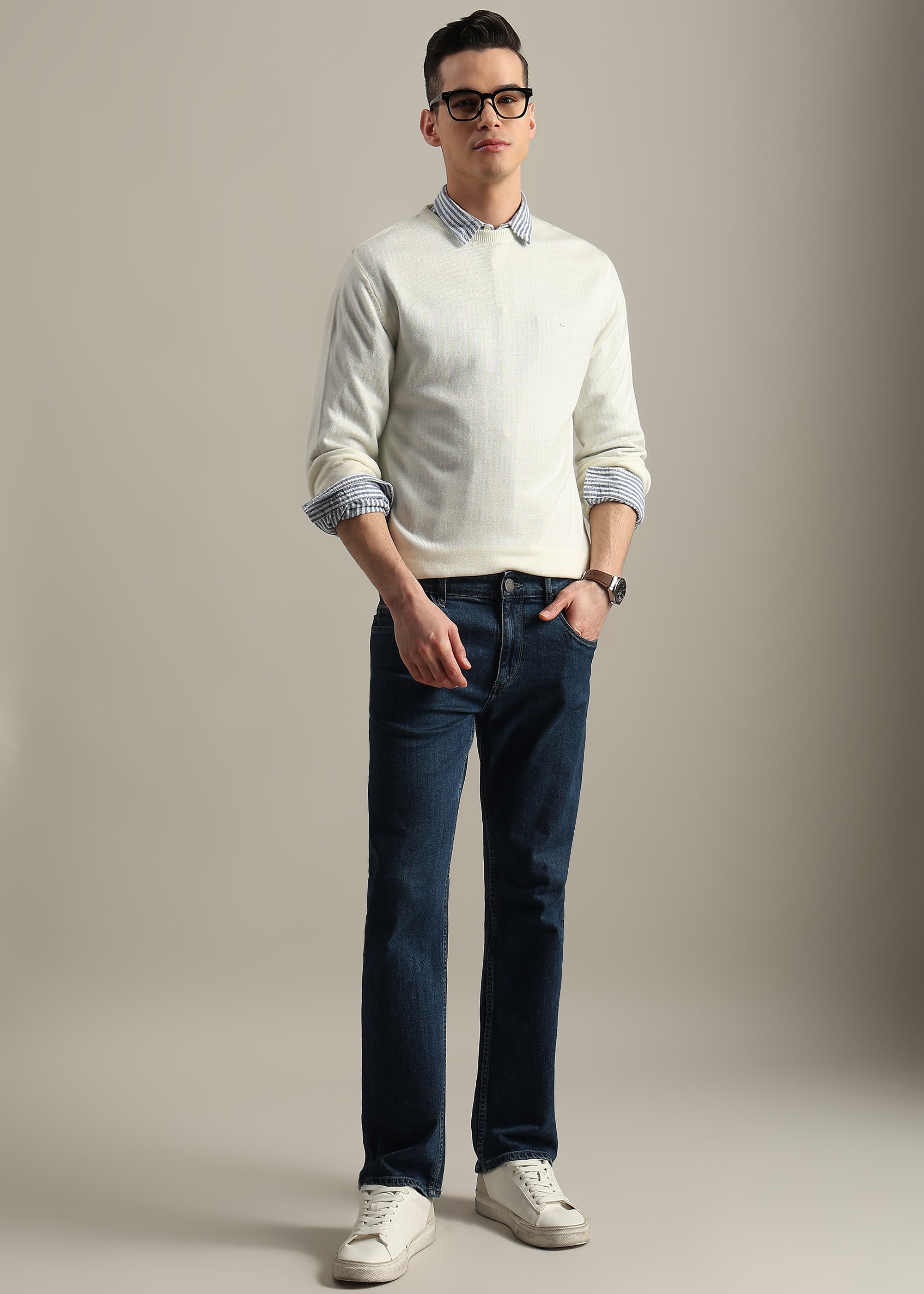 OFF WHITE SOLID ACRYLIC ROUND NECK SWEATER