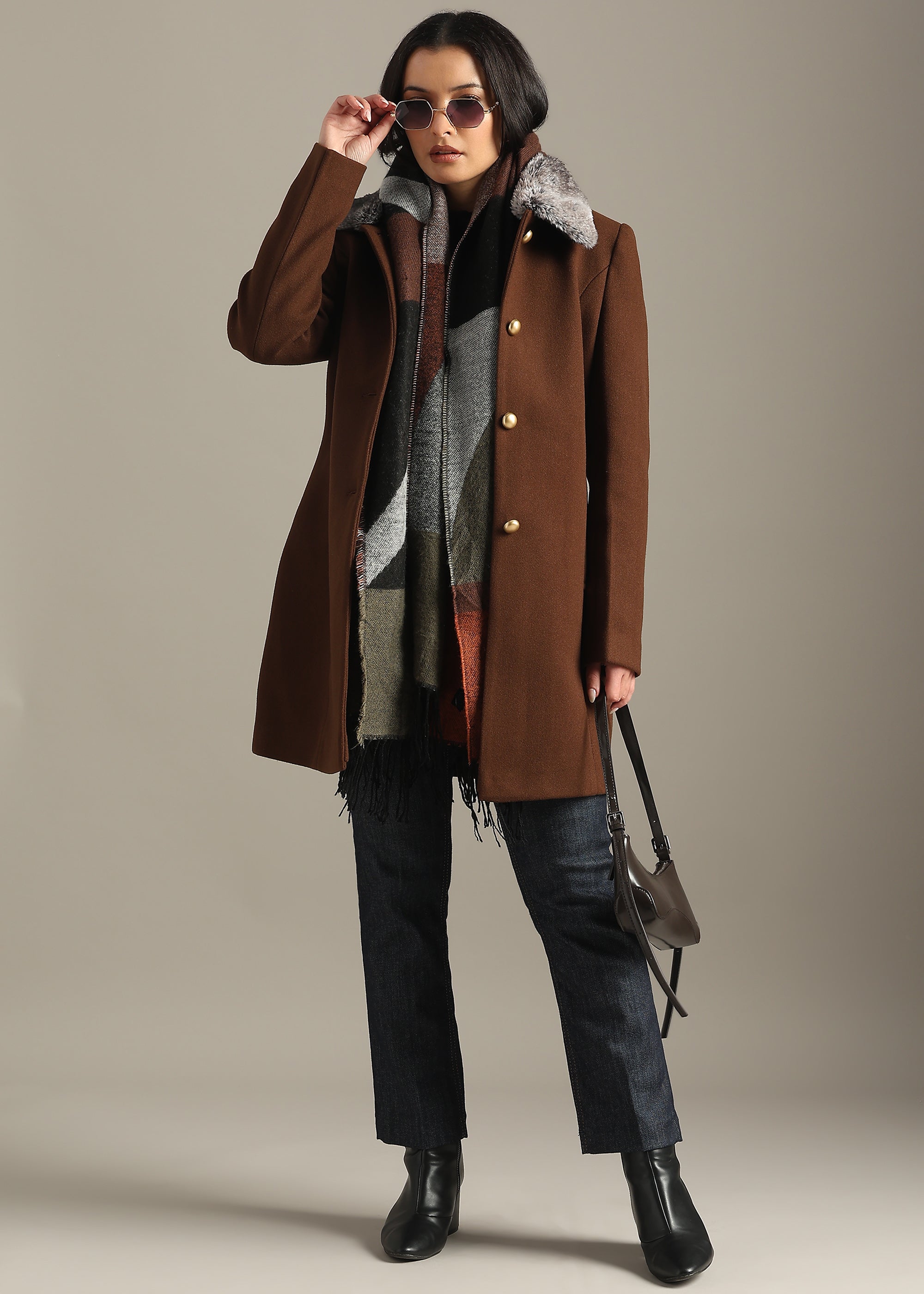 COFFEE DETACHABLE FUR COLLAR COAT