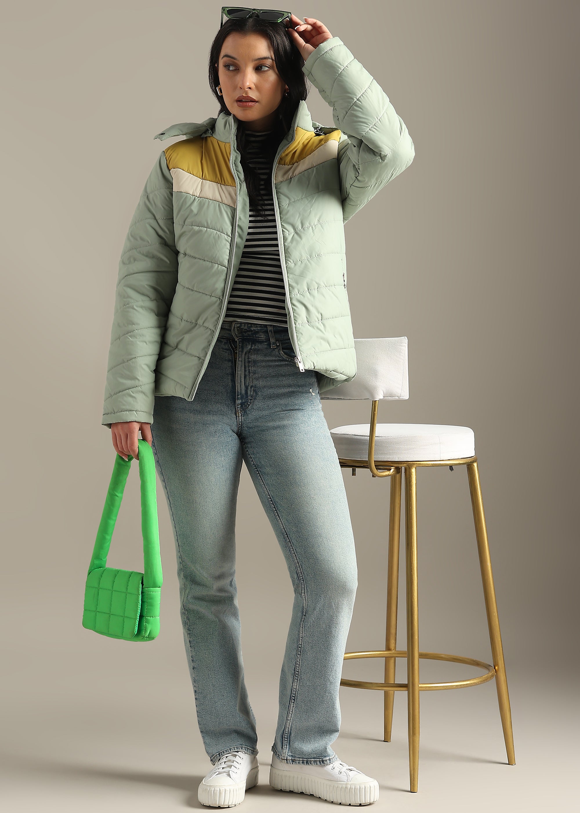TEAL COLOUR-BLOCK PUFFER FULL SLEEVE JACKET