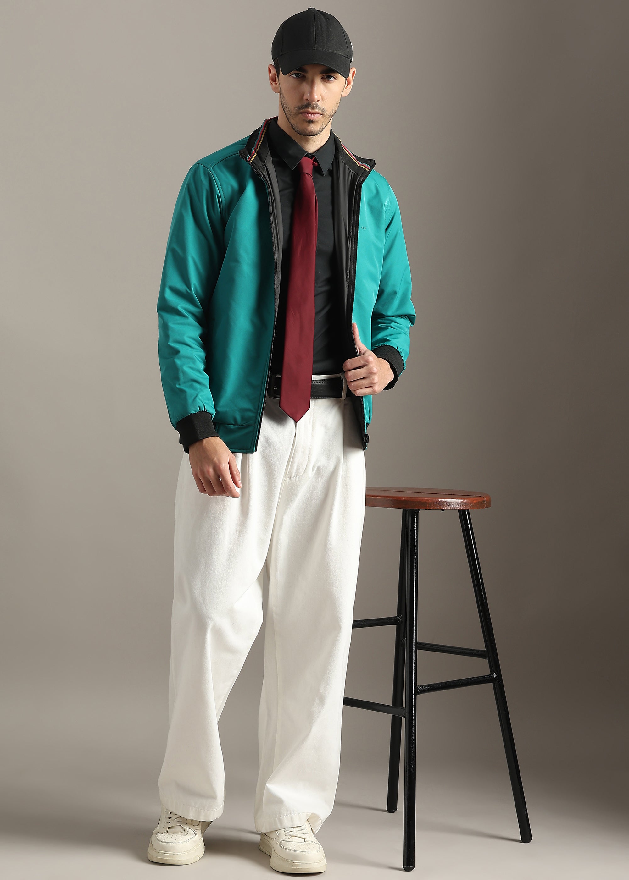 GREEN SOLID REVERSIBLE FAUX COTTON FULL SLEEVE JACKET