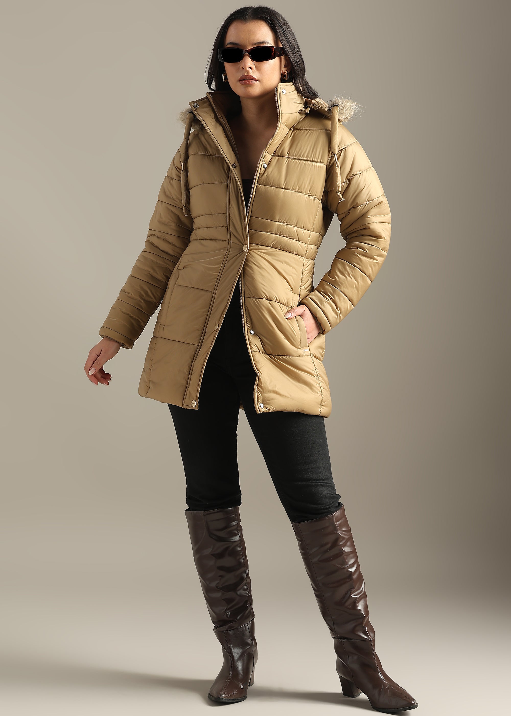 CREAM SOLID NYLON LONG SKI FULL SLEEVE JACKET