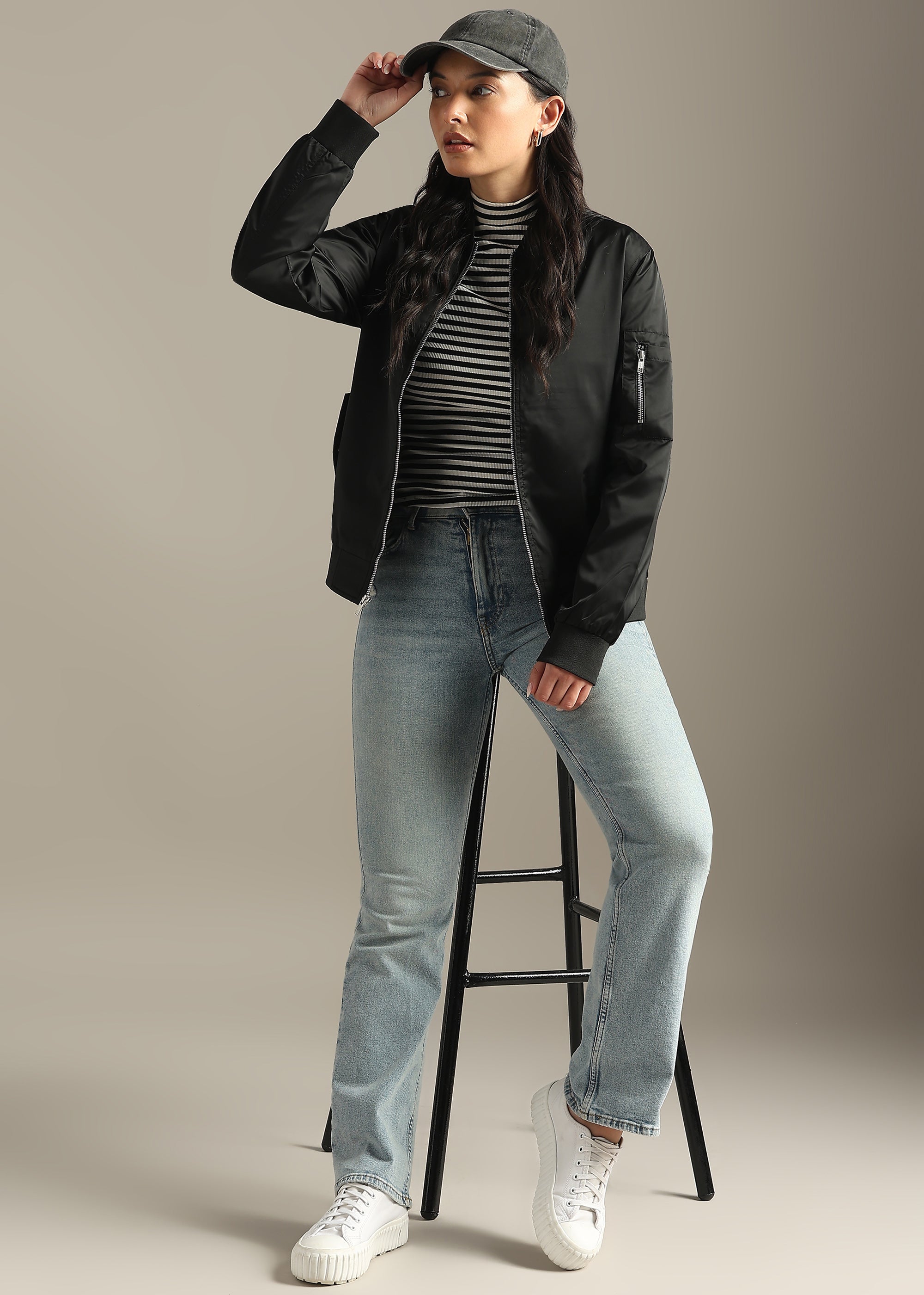 BLACK SATIN BOMBER FULL SLEEVE JACKET