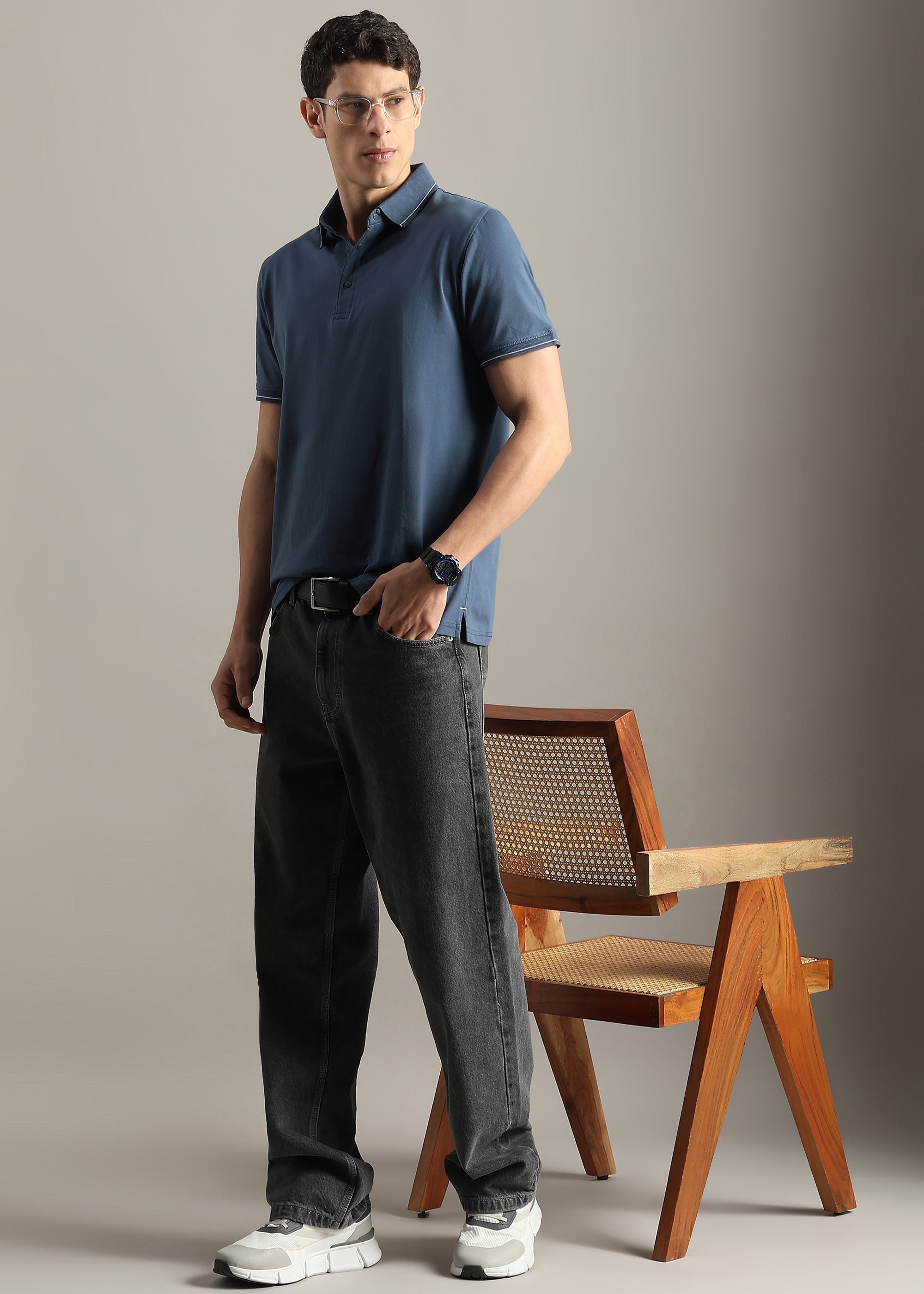 BLUE SOLID COTTON ELASTANE POLO TEE